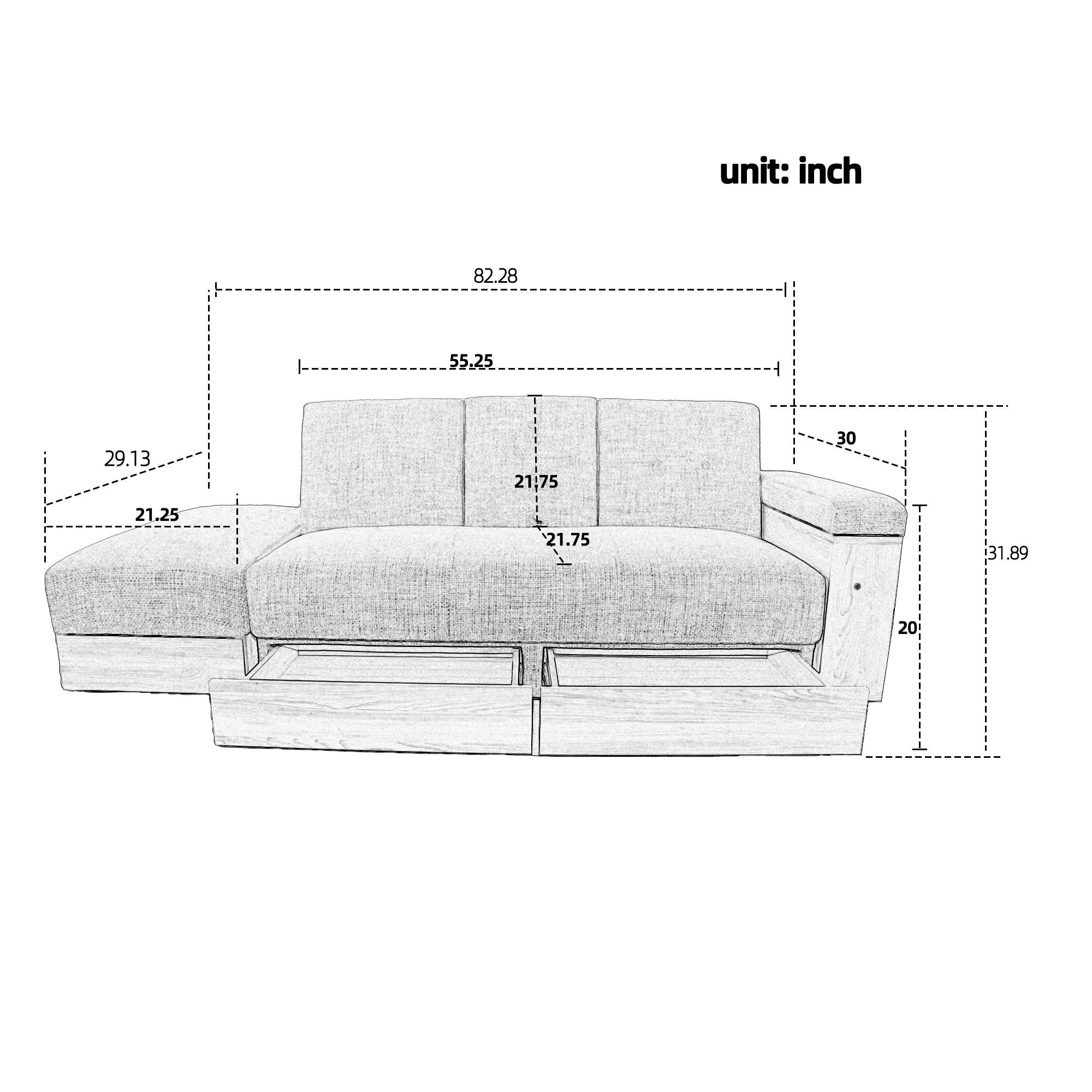 Multi-functional sofa, can sit, lie down, withStorage box and drawer, and theStorage box can be used as tea table and pedal(white)