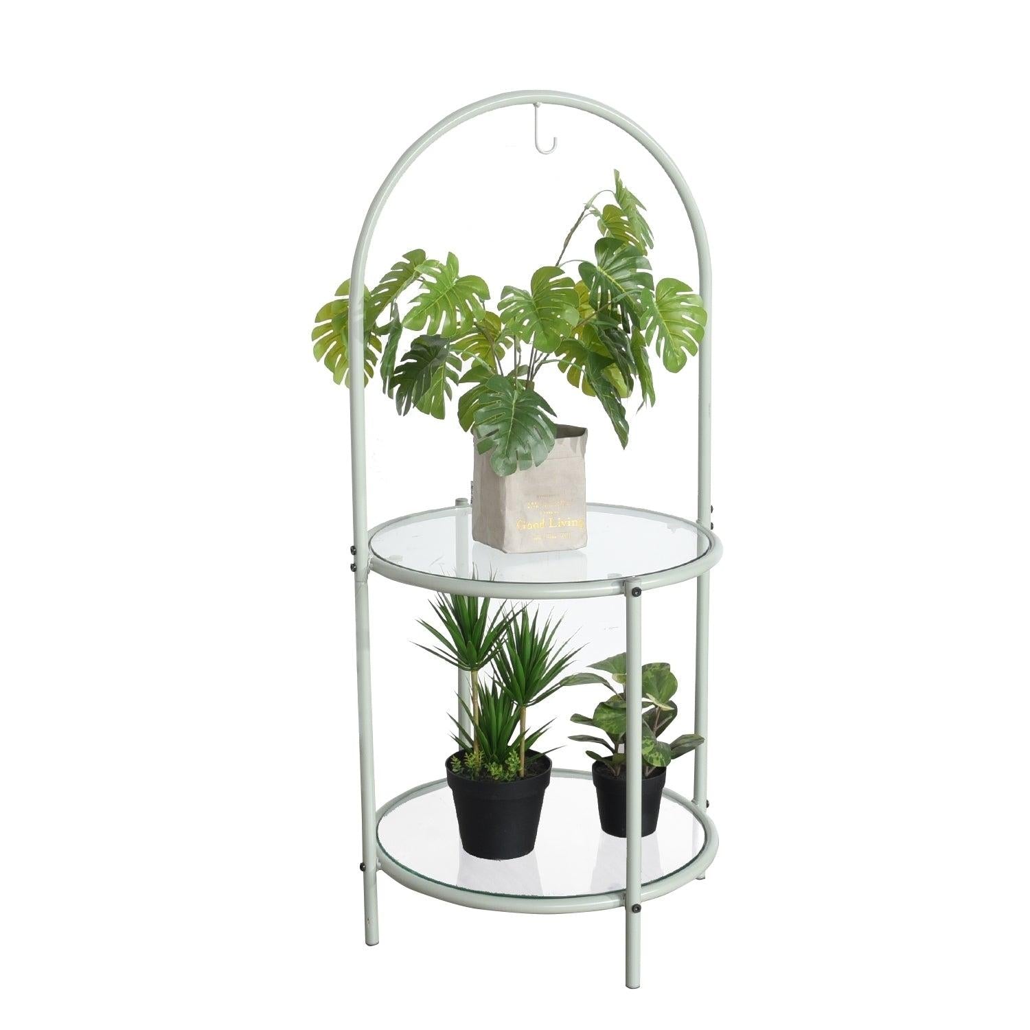 Glass Top End Table withStorage,Round Multi-Tiered Plant Stand - Mint green