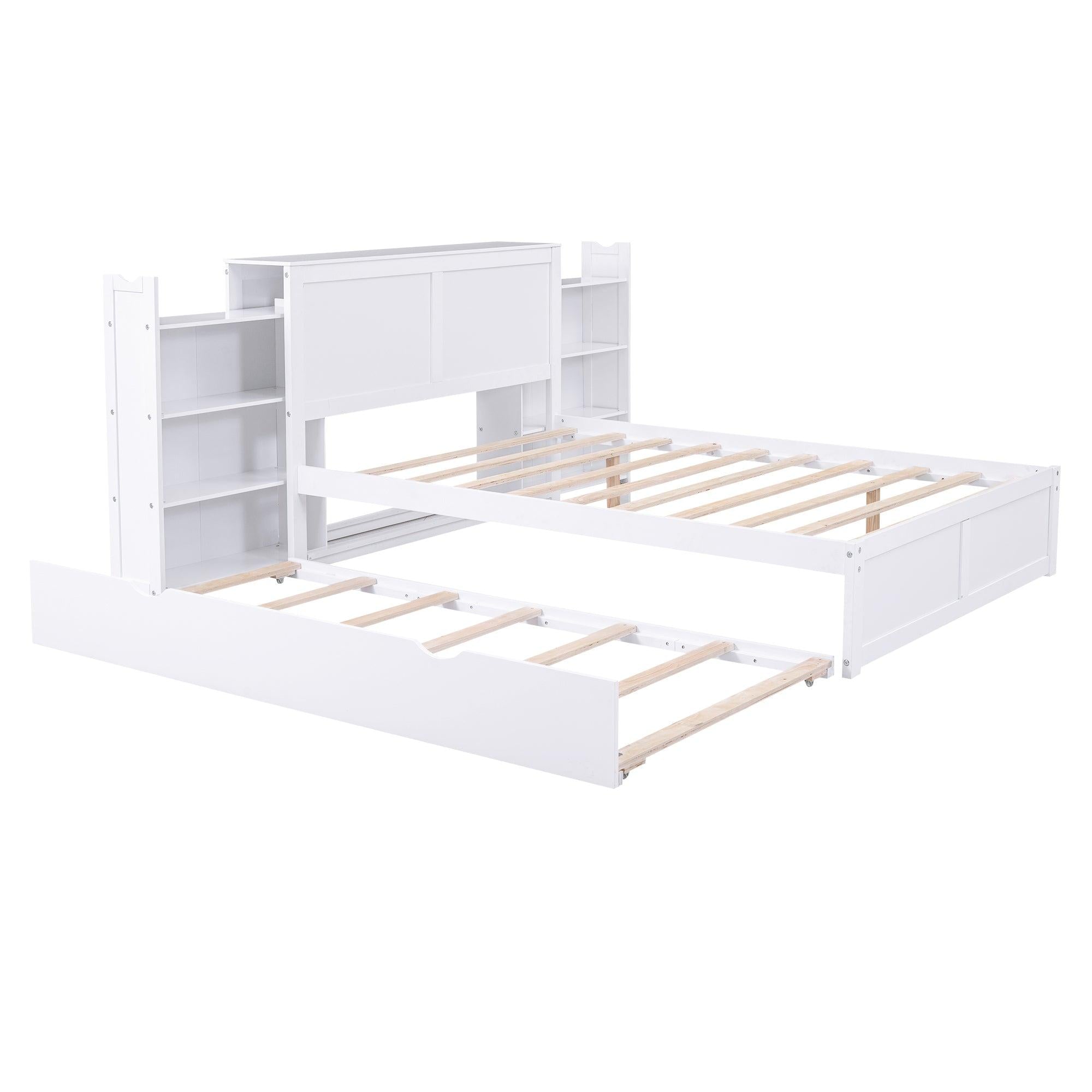 Full SizeStorage Platform Bed with Pull Out Shelves and Twin Size Trundle, White