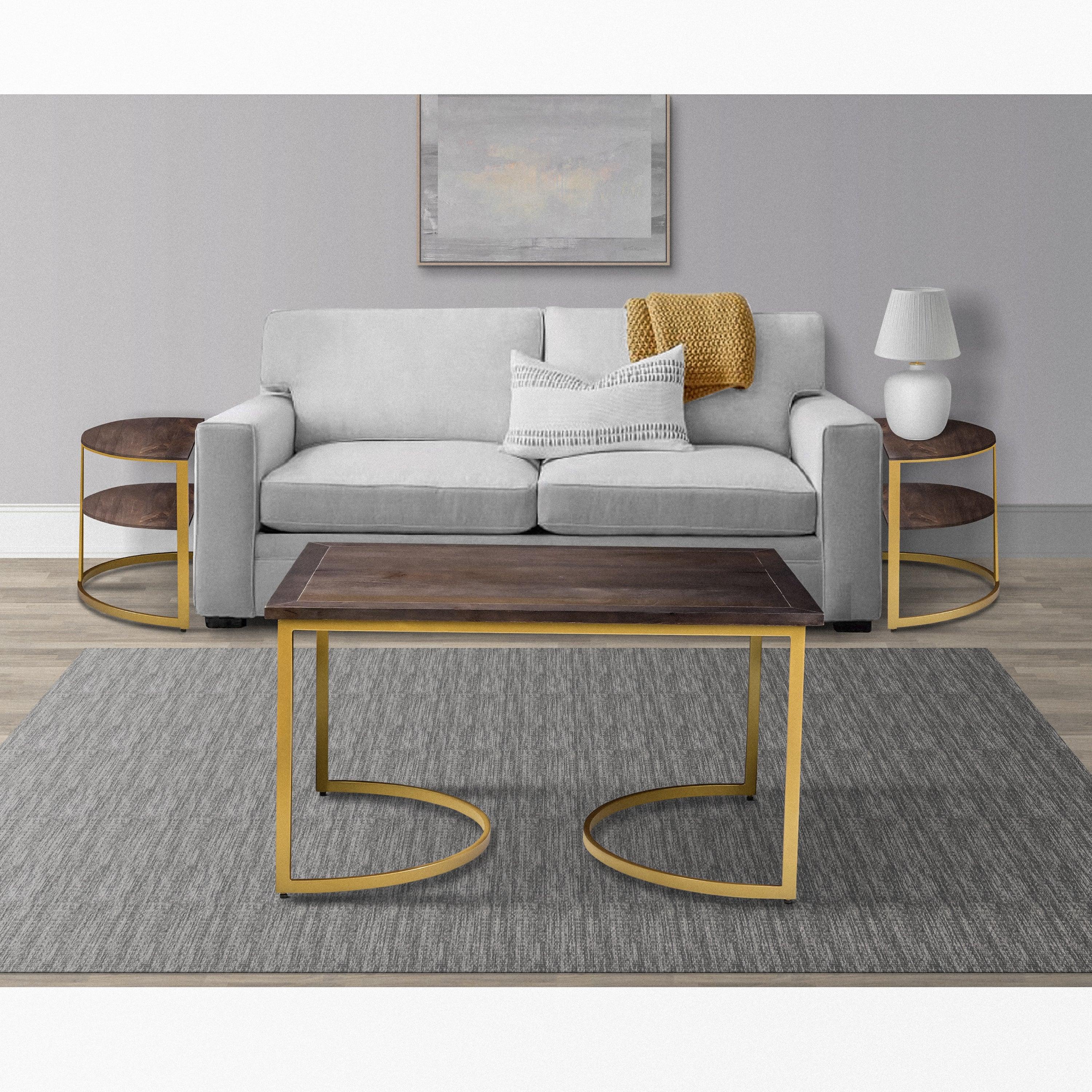 38 Inch Rectangle Metal Nesting Coffee Table - 3 pcs set, Dark Brown, Gold