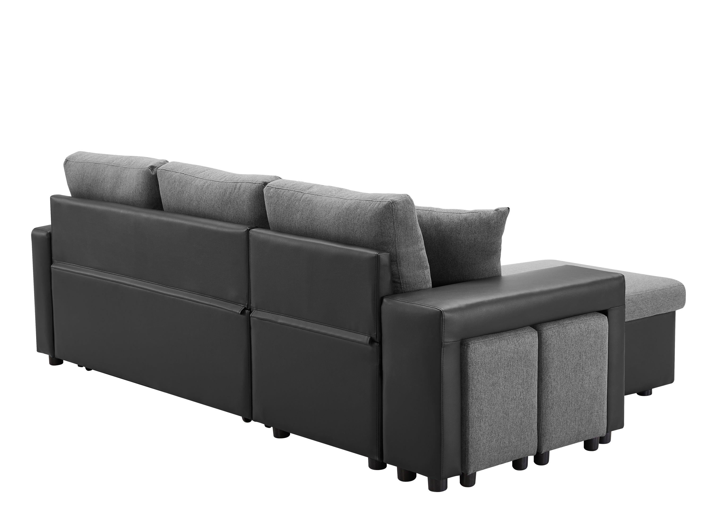 92.5“Linen Reversible Sleeper Sectional Sofa withStorage and 2 stools Steel Gray