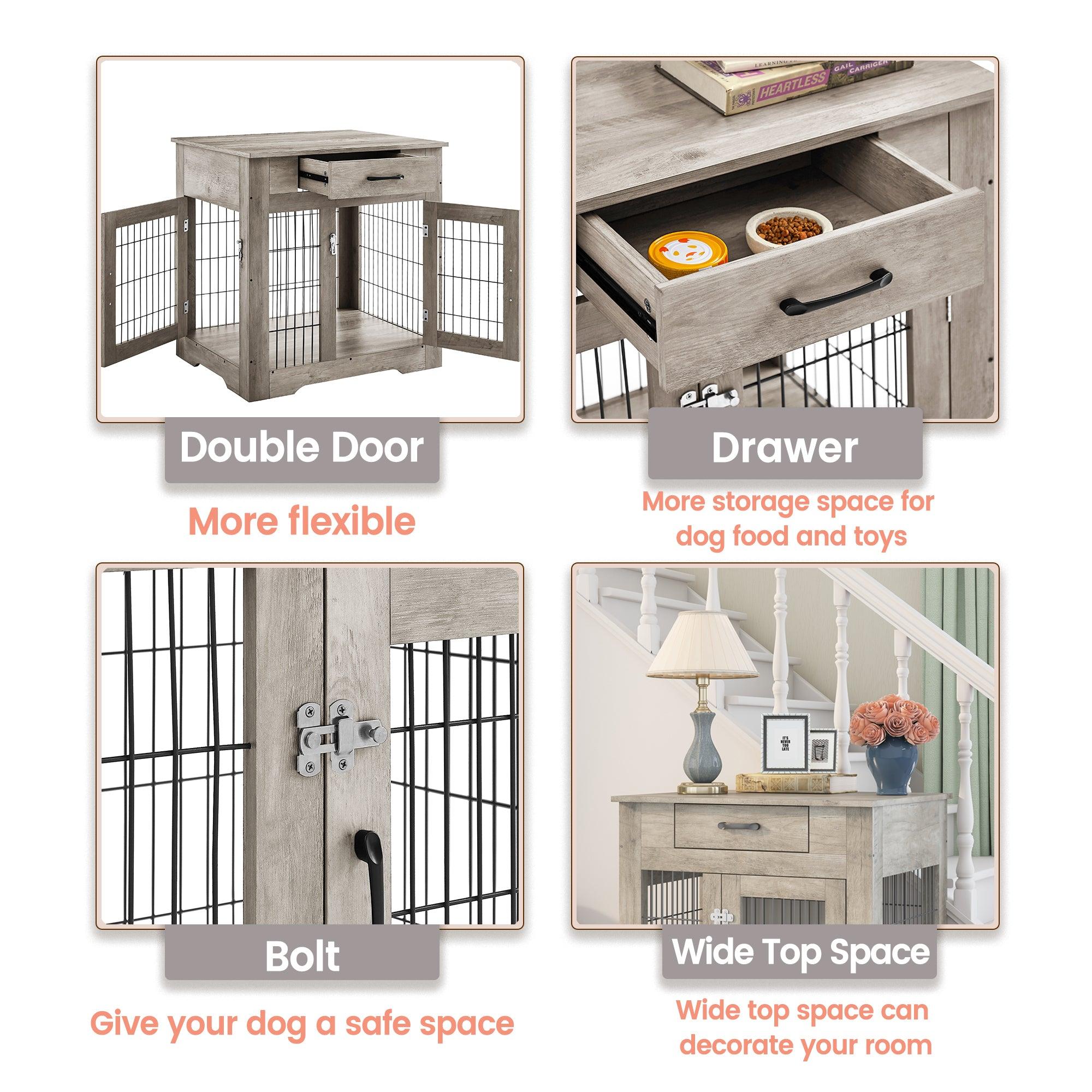 Furniture Style Dog Crate End Table with Drawer, Pet Kennels with Double Doors , Dog House Indoor Use, （Grey，29.92”w x 24.80” d x 30.71”h）