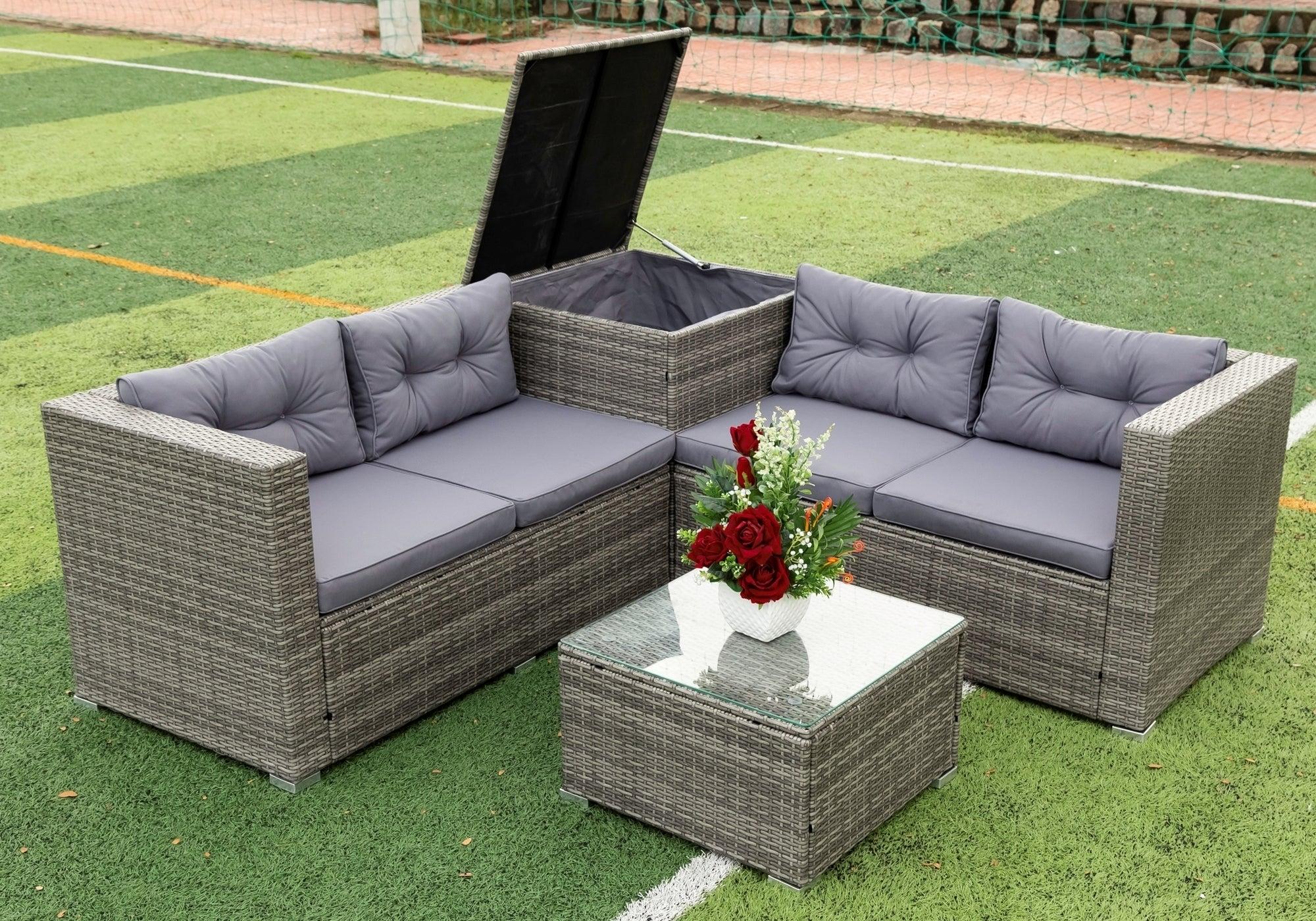 4 Piece Patio Sectional Wicker Rattan Outdoor Furniture Sofa Set withStorage Box Grey