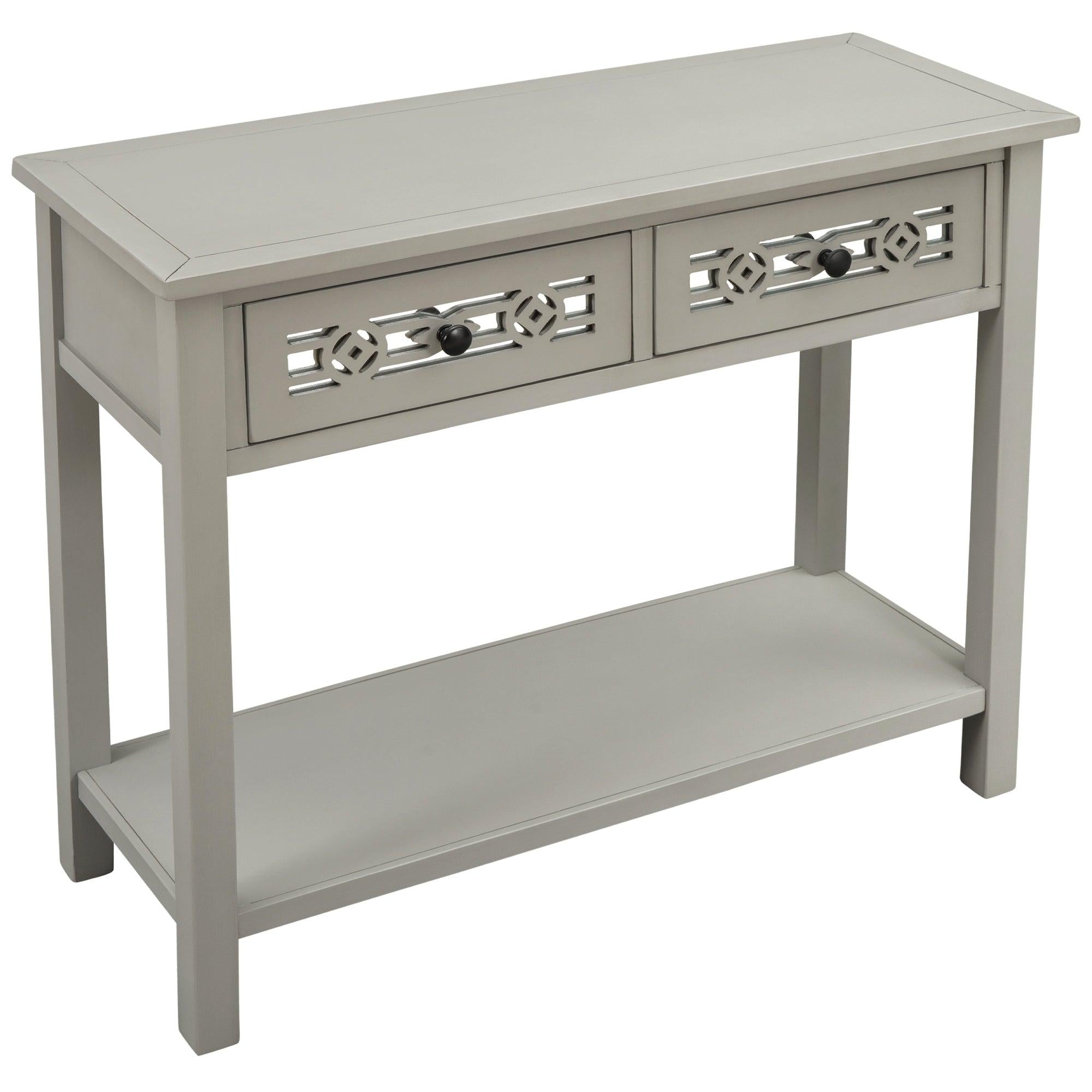 Classic Console Table with Hollow-out Decoration Two Top Drawers and Open Shelf LargeStorage Space (Silver)