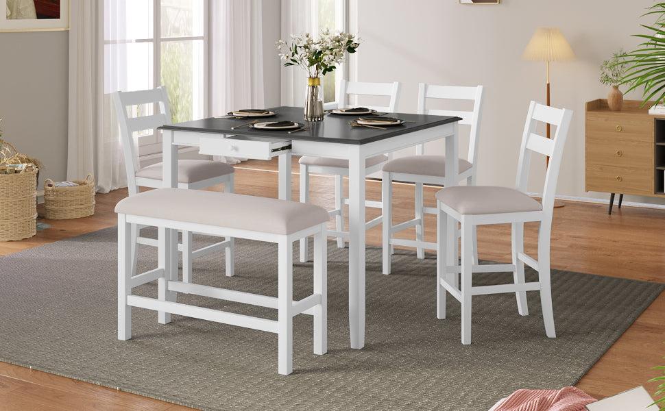 Wood 6-Piece Dining Table Set withStorage Drawer, Counter Height Square Kitchen Set with Upholstered Chair and Bench, White