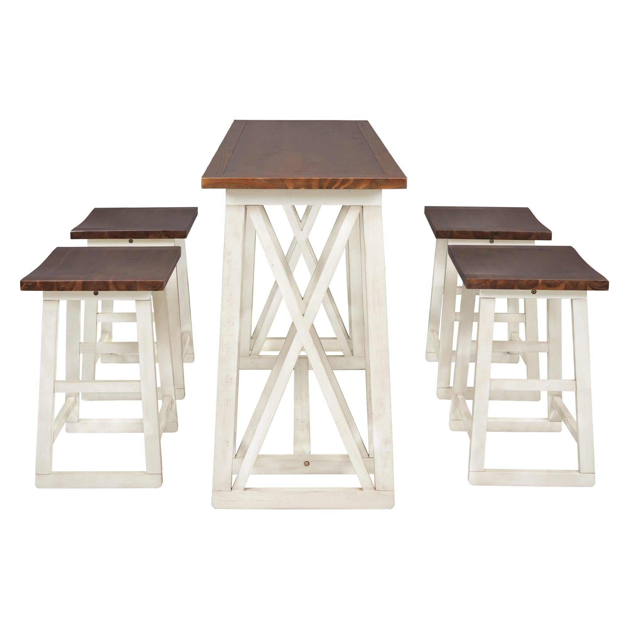 Rustic Counter Height 5-Piece Dining Set, Wood Console Table Set with 4 Stools for Small Places,Walnut+Cream