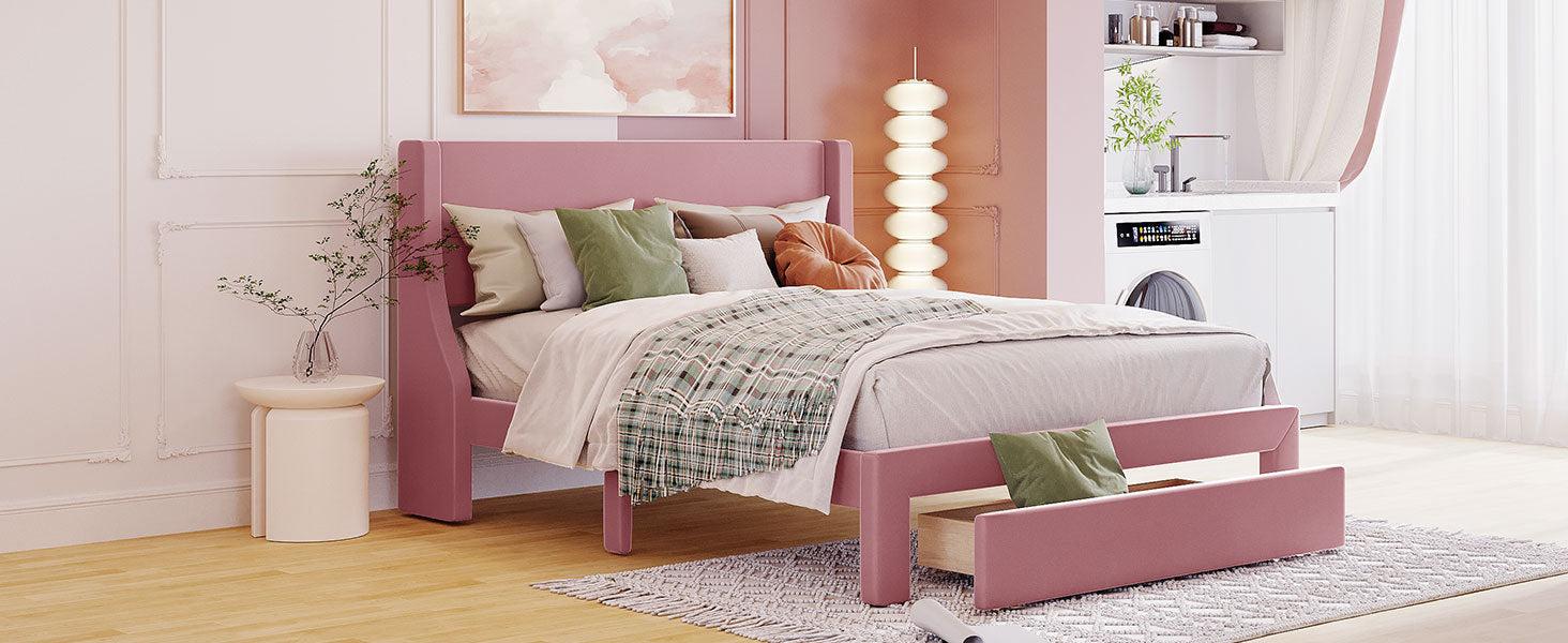 Queen SizeStorage Bed Velvet Upholstered Platform Bed with a Big Drawer - Pink