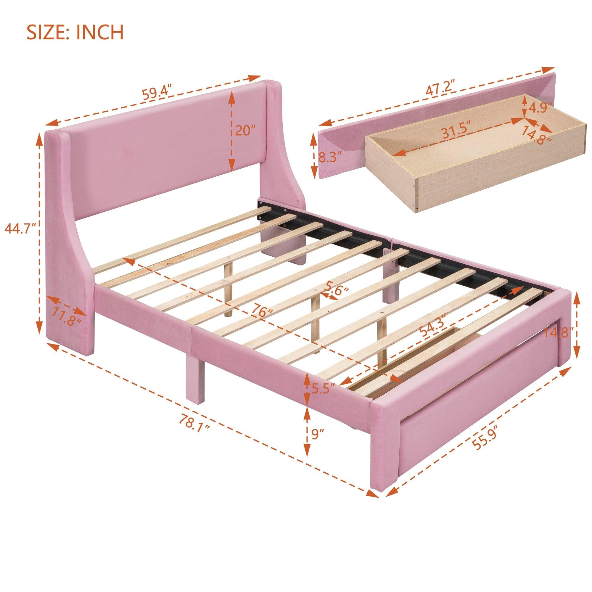 Full SizeStorage Bed Velvet Upholstered Platform Bed with a Big Drawer - Pink