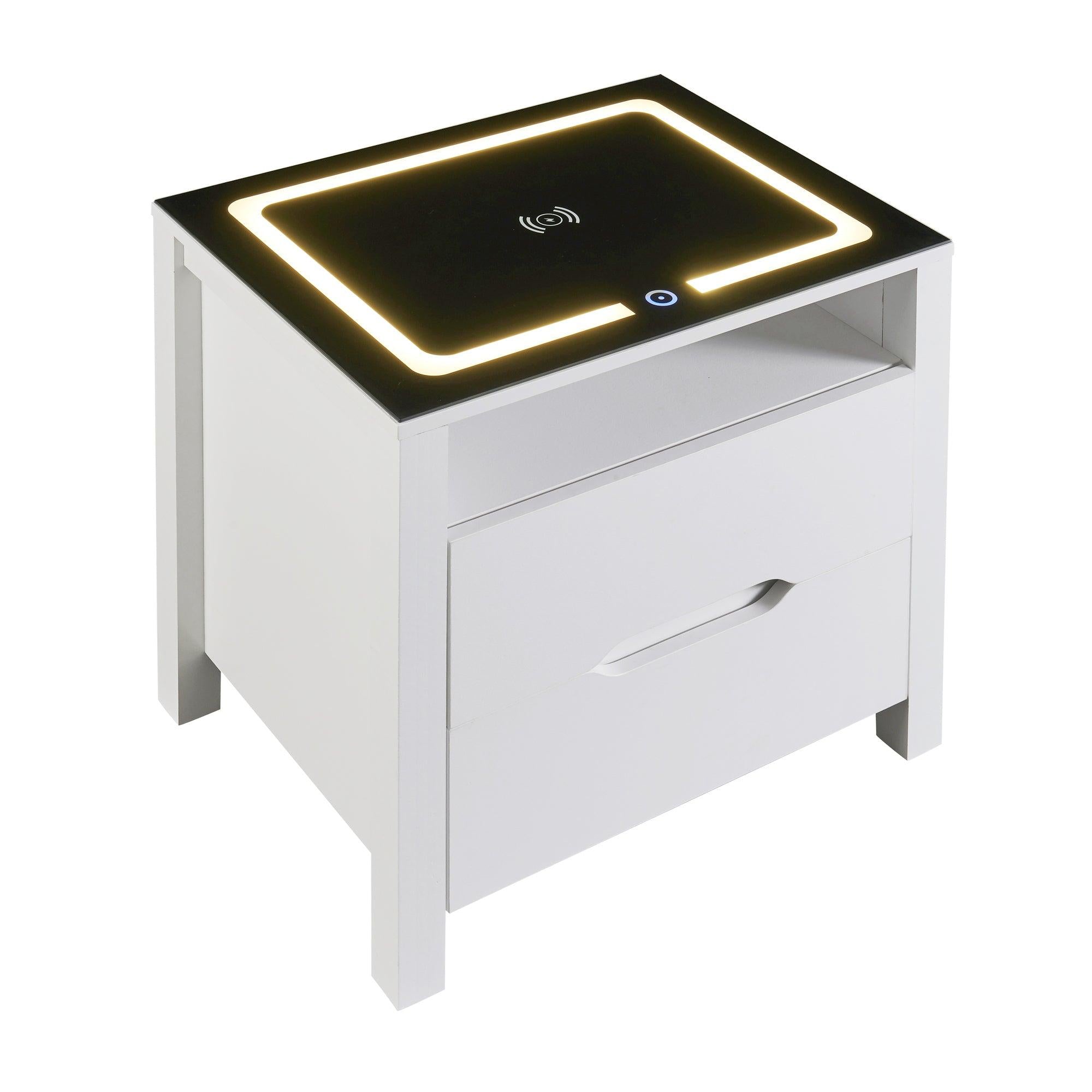 MultifunctionalStorage Nightstand with 2 Drawers and an open shelf, Wireless Charging with adjustable LED, White