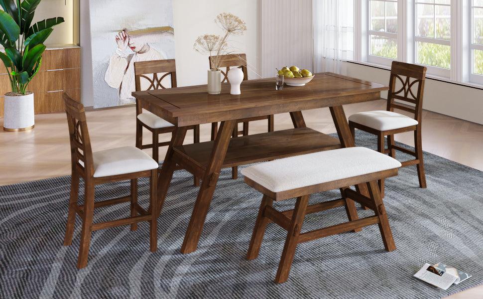 6-Piece Wood Counter Height Dining Table Set withStorage Shelf, Kitchen Table Set with Bench and 4 Chairs,Rustic Style, Walnut+Beige Cushion