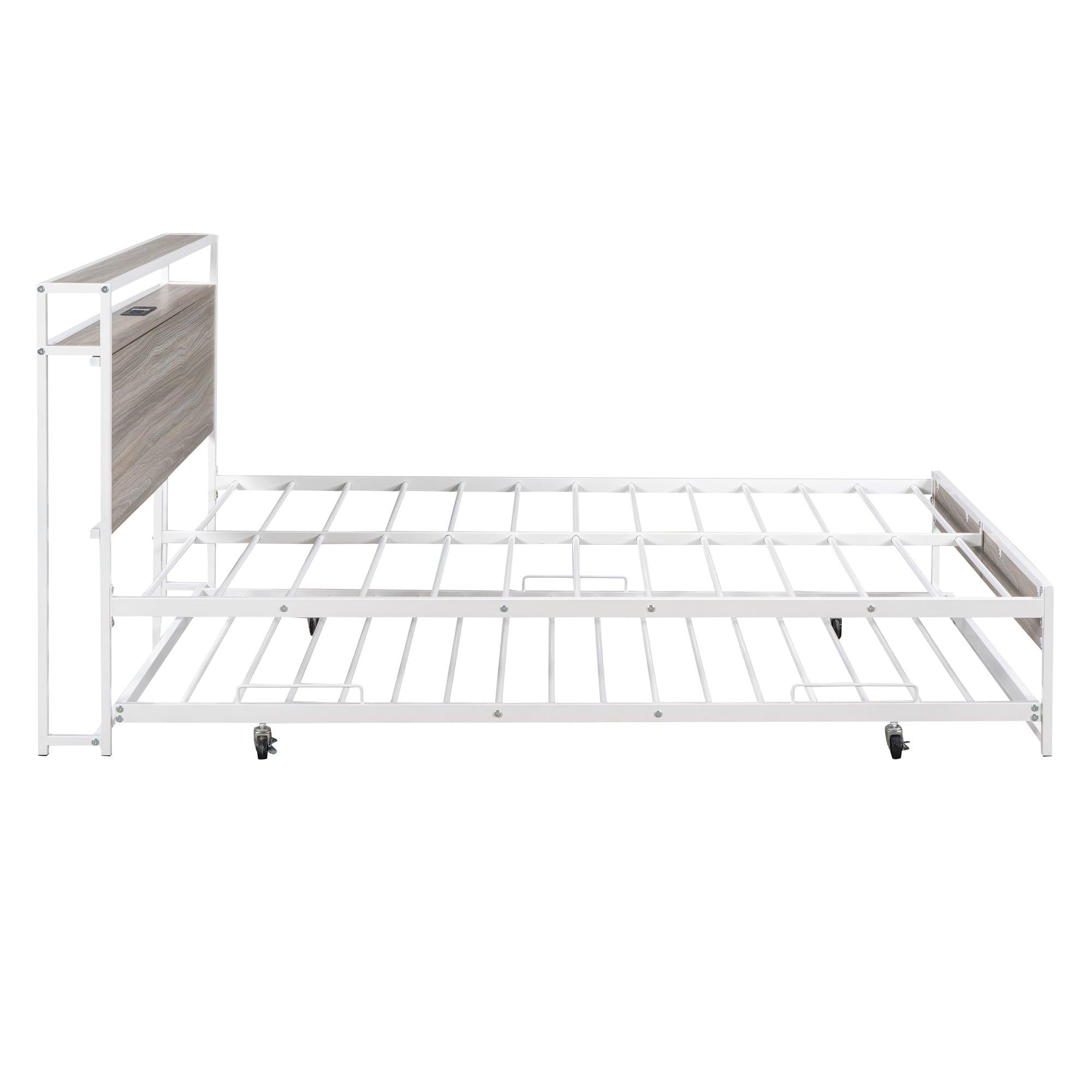 Full Size Metal Platform Bed Frame with Trundle, USB Ports and Slat Support ,No Box Spring Needed White