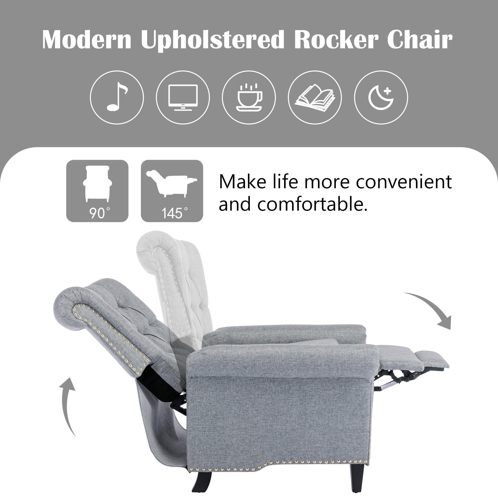 Pushback Linen Tufted Recliner Single Sofa with Nailheads Roll Arm for Living Room, Bedroom, Office, Gray