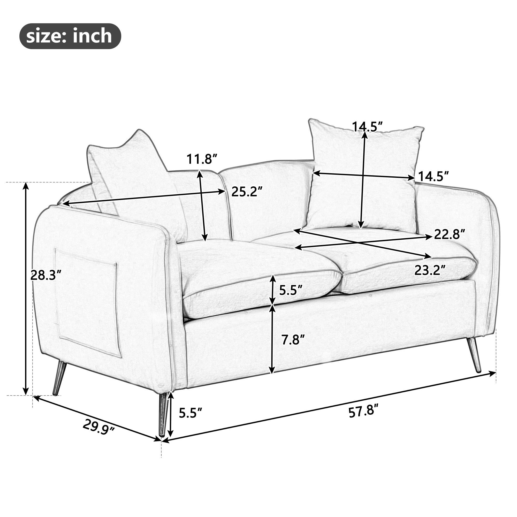 57.8" Velvet Upholstered Loveseat Sofa,Loveseat Couch with 2 PillowsModern Sofa with lden Metal Legs for Small Spaces,Living Room,Apartment,Gray