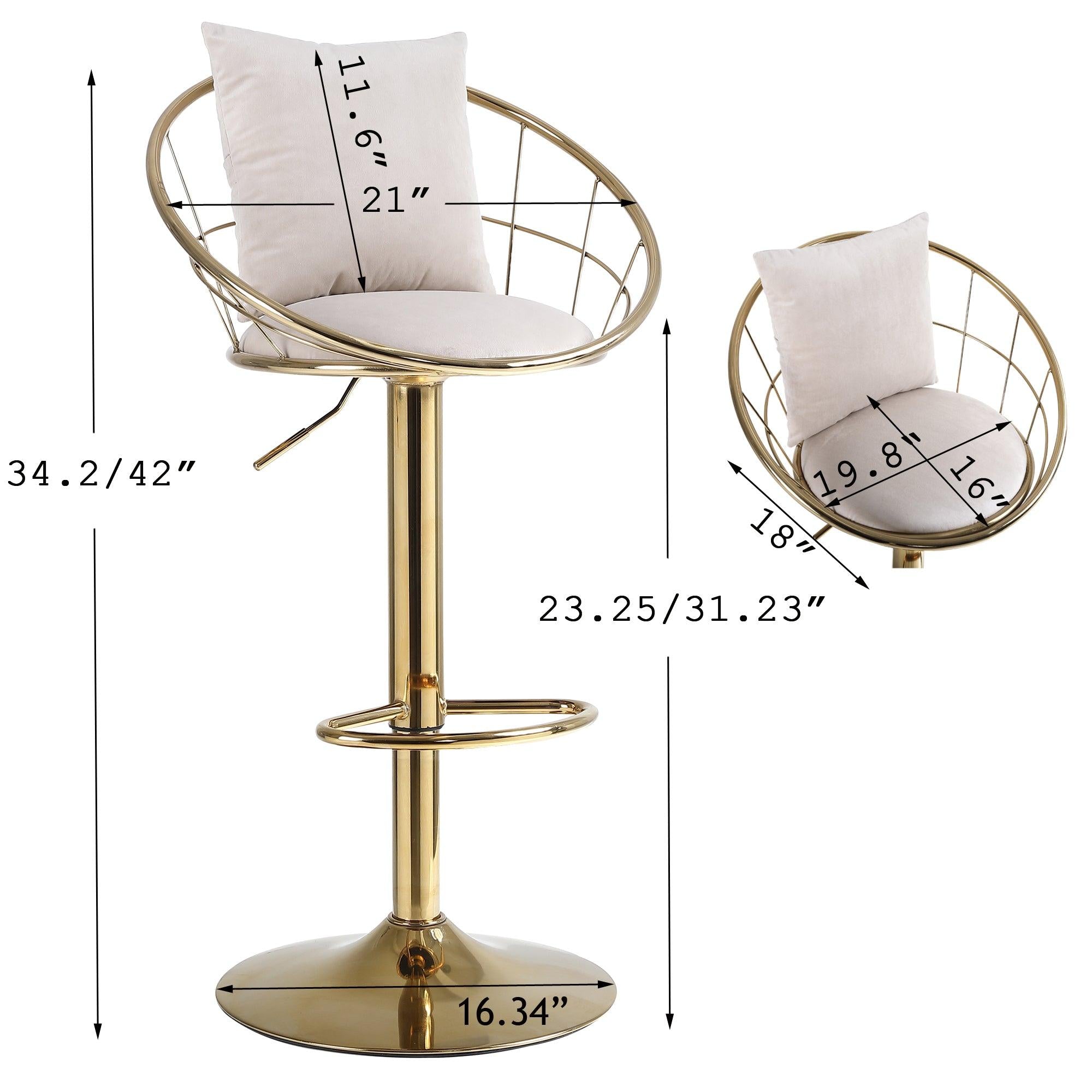 Off-White velvet bar chair, pure gold plated, unique design，360 degree rotation, adjustable height，Suitable for dinning room and bar，set of 2