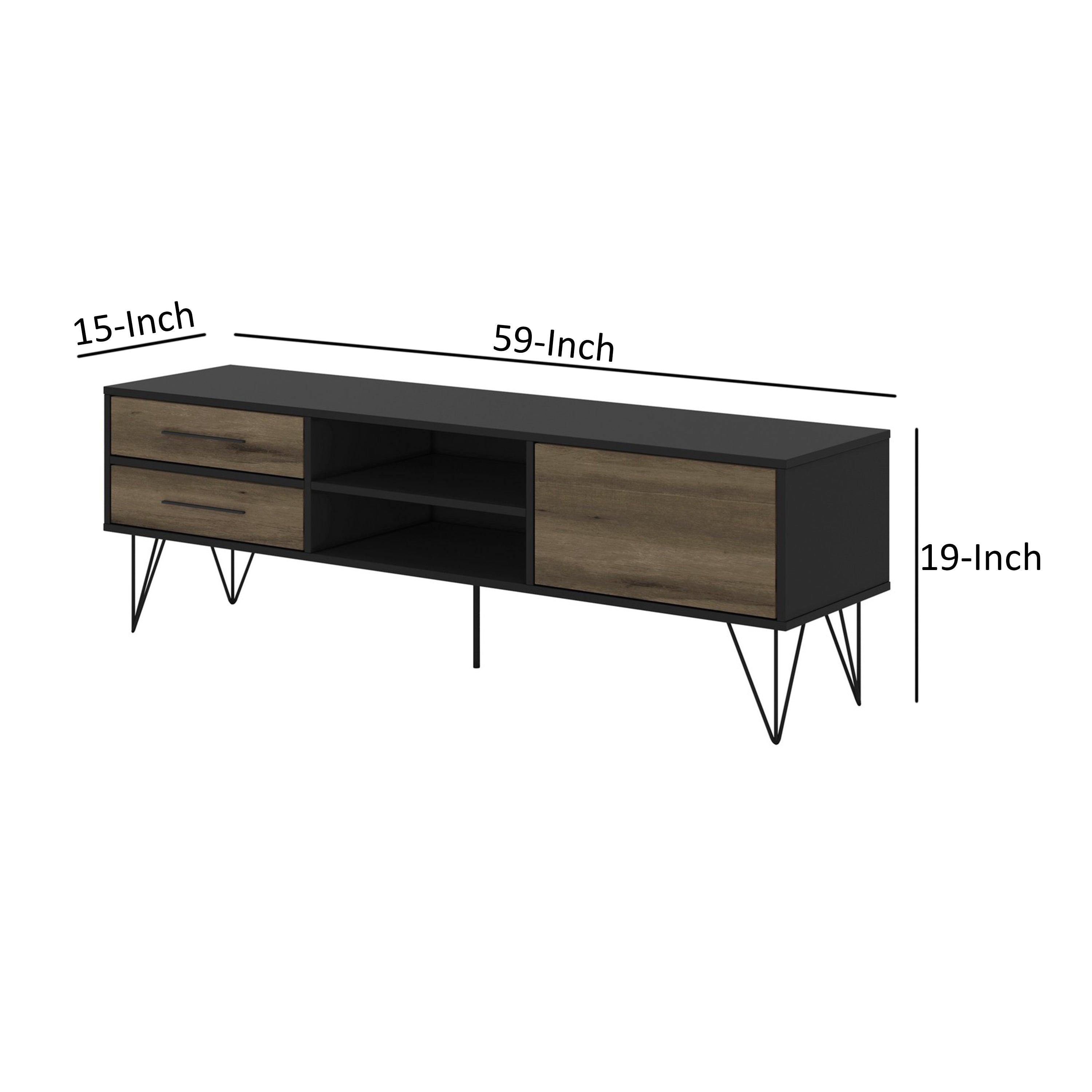 60 Inch Wood and Metal 1 Door TV Entertainment Stand with 2 Drawers, Brown and Black