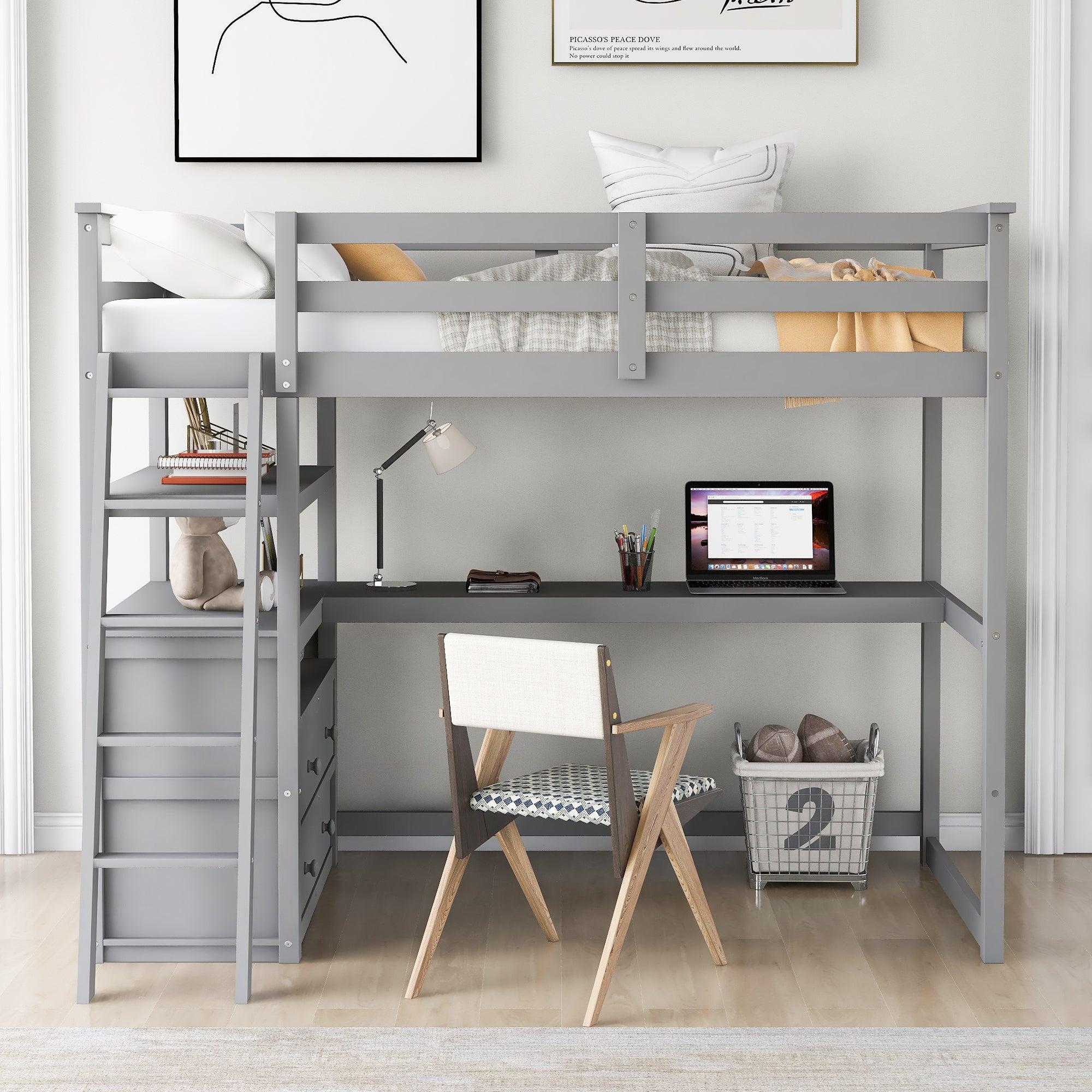 Twin Size Loft Bed with Desk and Shelves, Two Built-in Drawers, Gray