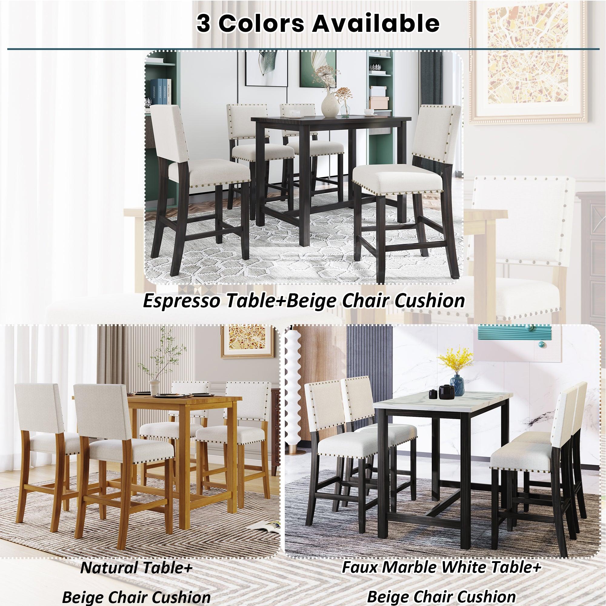 5 Piece Rustic Wooden Counter Height Dining Table Set with 4 Upholstered Chairs for Small Places, Faux Marble Top+Black Body