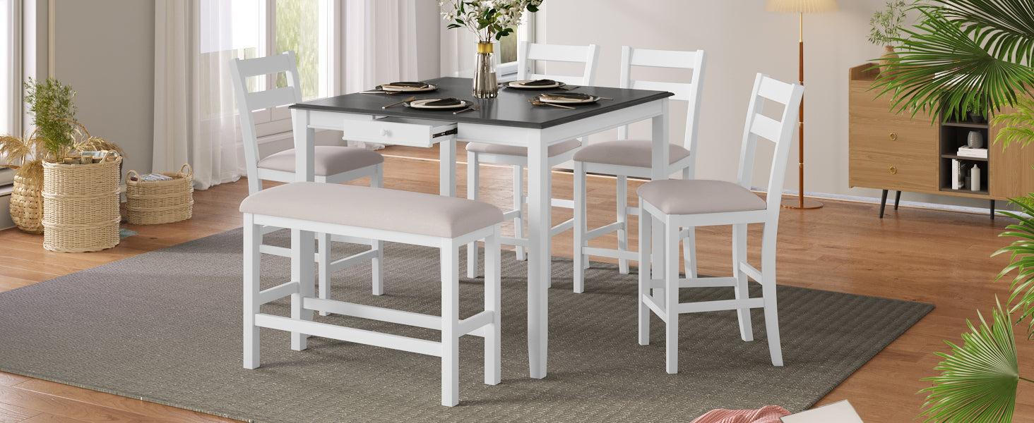 Wood 6-Piece Dining Table Set withStorage Drawer, Counter Height Square Kitchen Set with Upholstered Chair and Bench, White