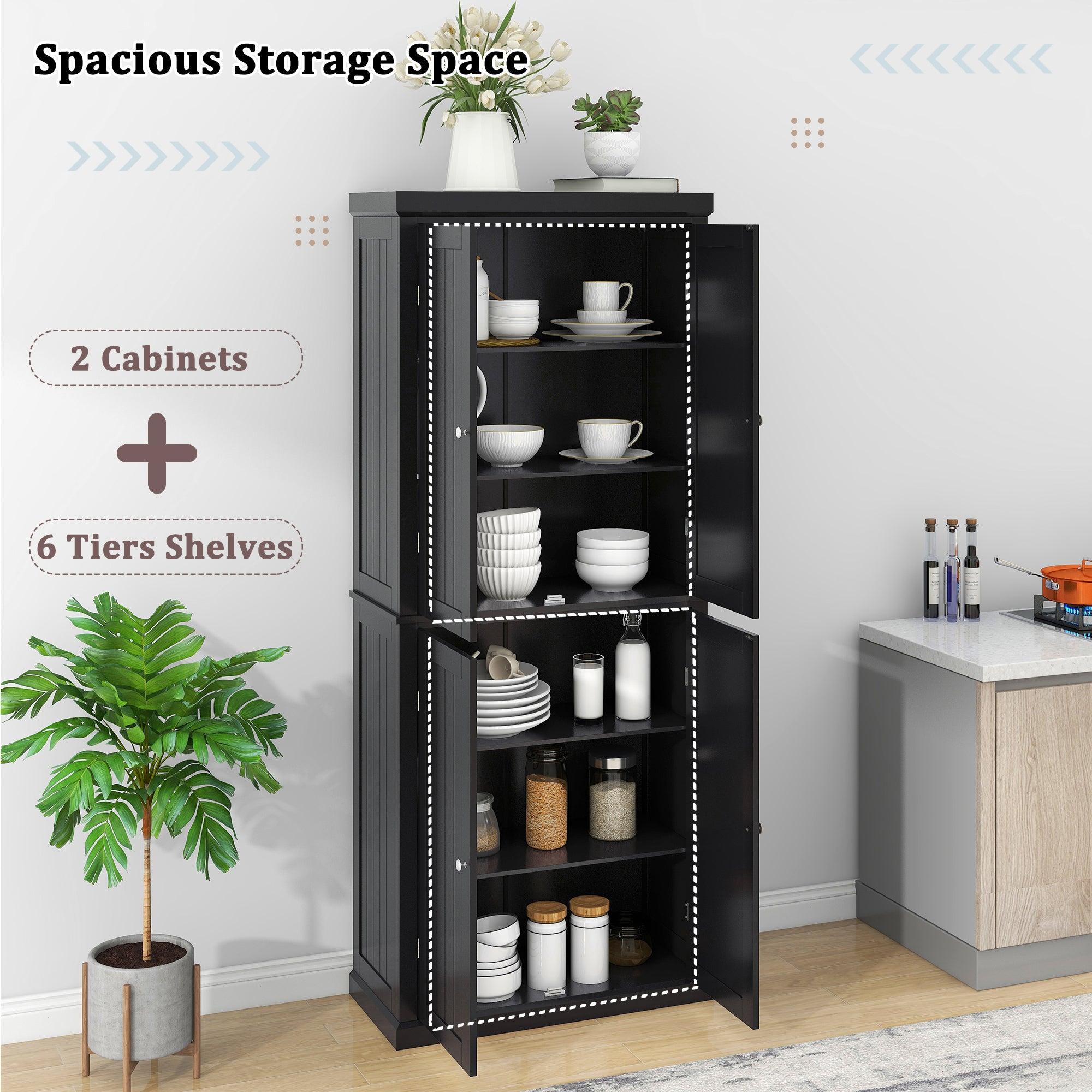 Freestanding Tall Kitchen Pantry, 72.4" Minimalist KitchenStorage Cabinet Organizer with 4 Doors and Adjustable Shelves, Black