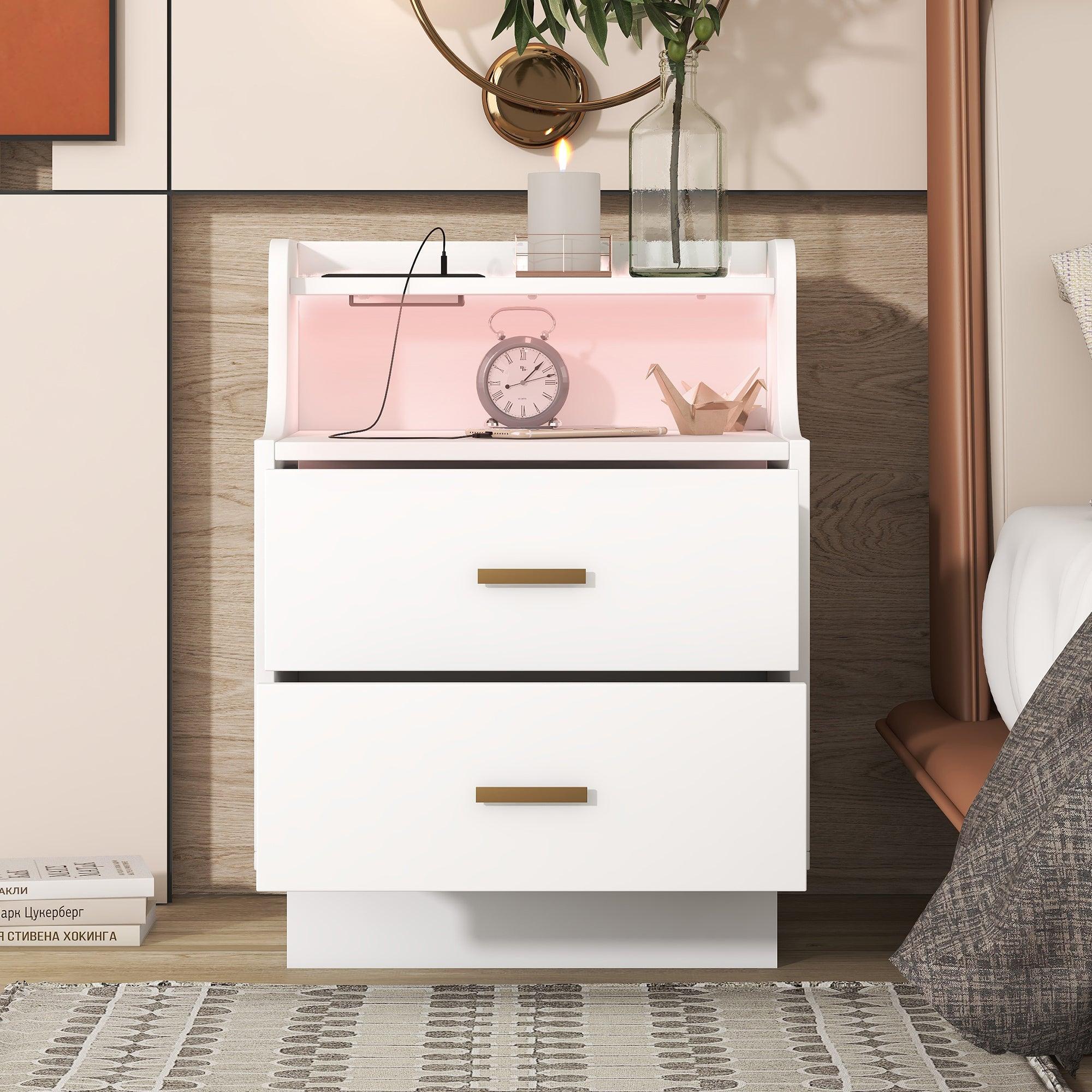 Multifunctional Nightstand with 2 Drawers, Shelf with USB Charging Design and Color-Changing LED, White