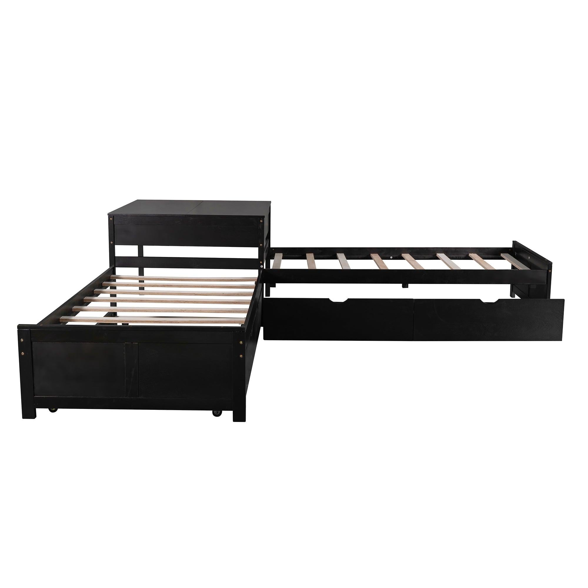 L-shaped Platform Bed with Trundle and Drawers Linked with built-in Desk,Twin,Espresso