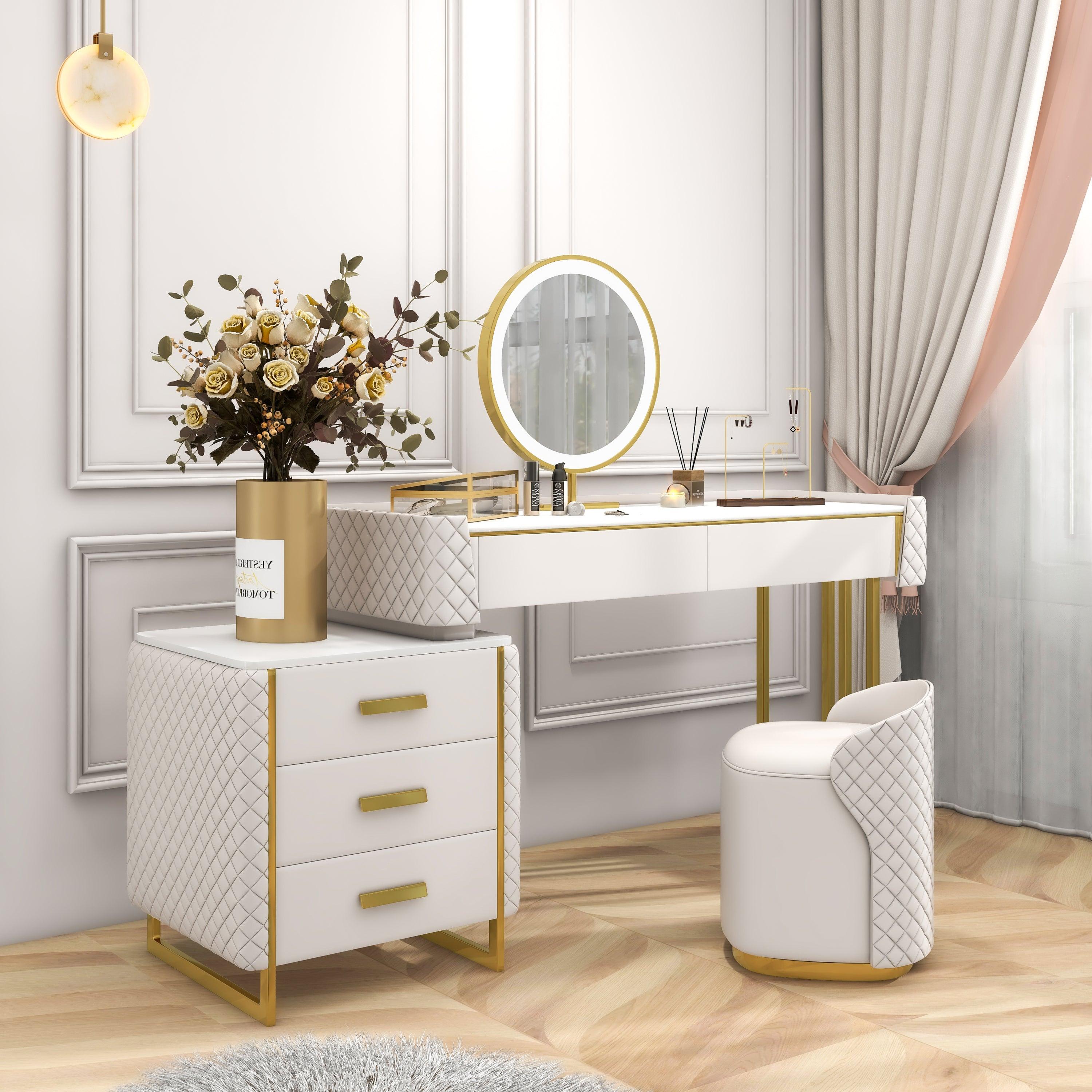 Makeup Vanity Set with LED Lighted Mirror, 5 Drawers,Modern Dressing Table Sintered Stone, Stool, For Bedroom,31.49''