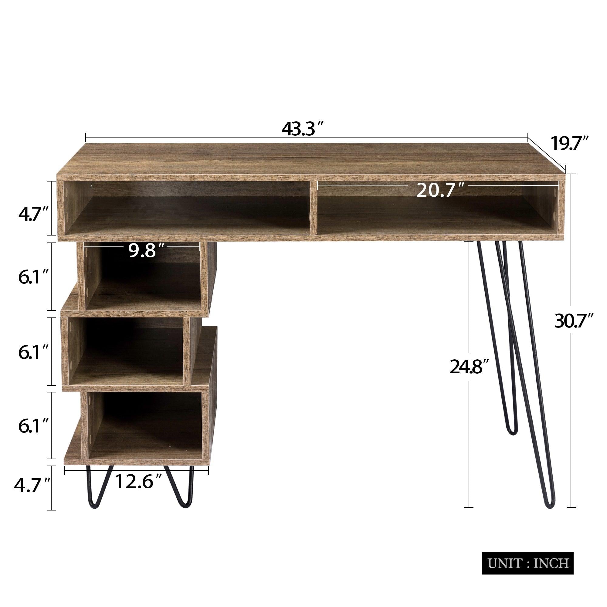 43.31inches medieval profiled geometry desk, computer desk,Modern writing study desk with open lattice and v-shaped iron leg, multi-purpose home office computer desk, color: Brown.