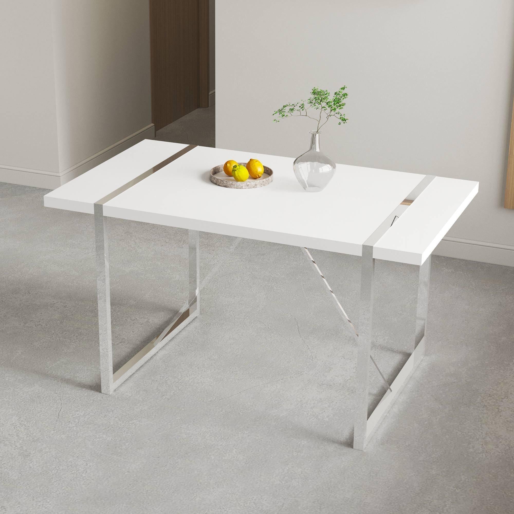 Dining Table.Rustic Industrial Rectangular MDF Wood White Dining Table For 4-6 Person, With 1.6" Thick Engineered Wood Tabletop and plating Metal Legs, For writing DeskKitchen terrace Dining  Room