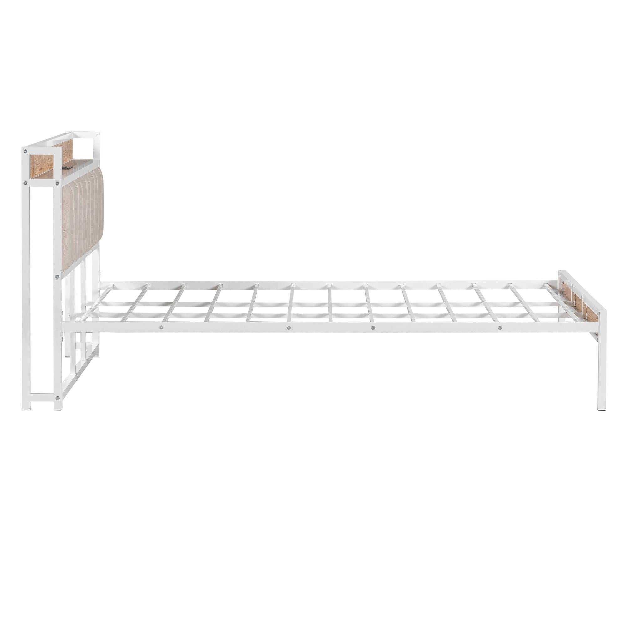 Queen Size Metal Platform Bed Frame with Upholstered headboard ，Sockets, USB Ports and Slat Support ,No Box Spring Needed，White