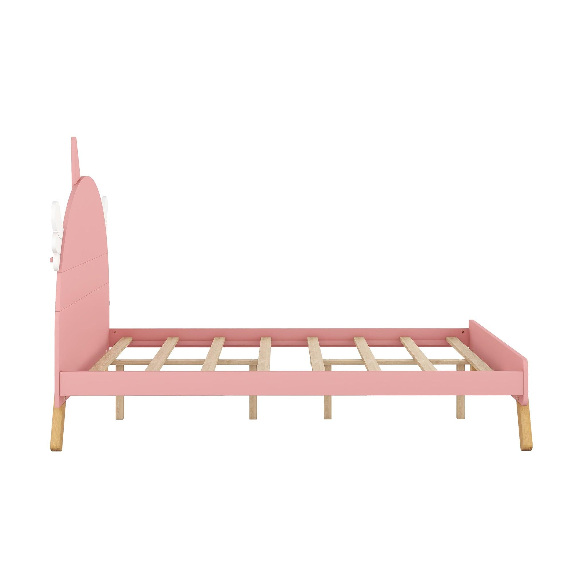 Wooden Cute Bed With Unicorn Shape Headboard,Full Size Platform Bed,Pink