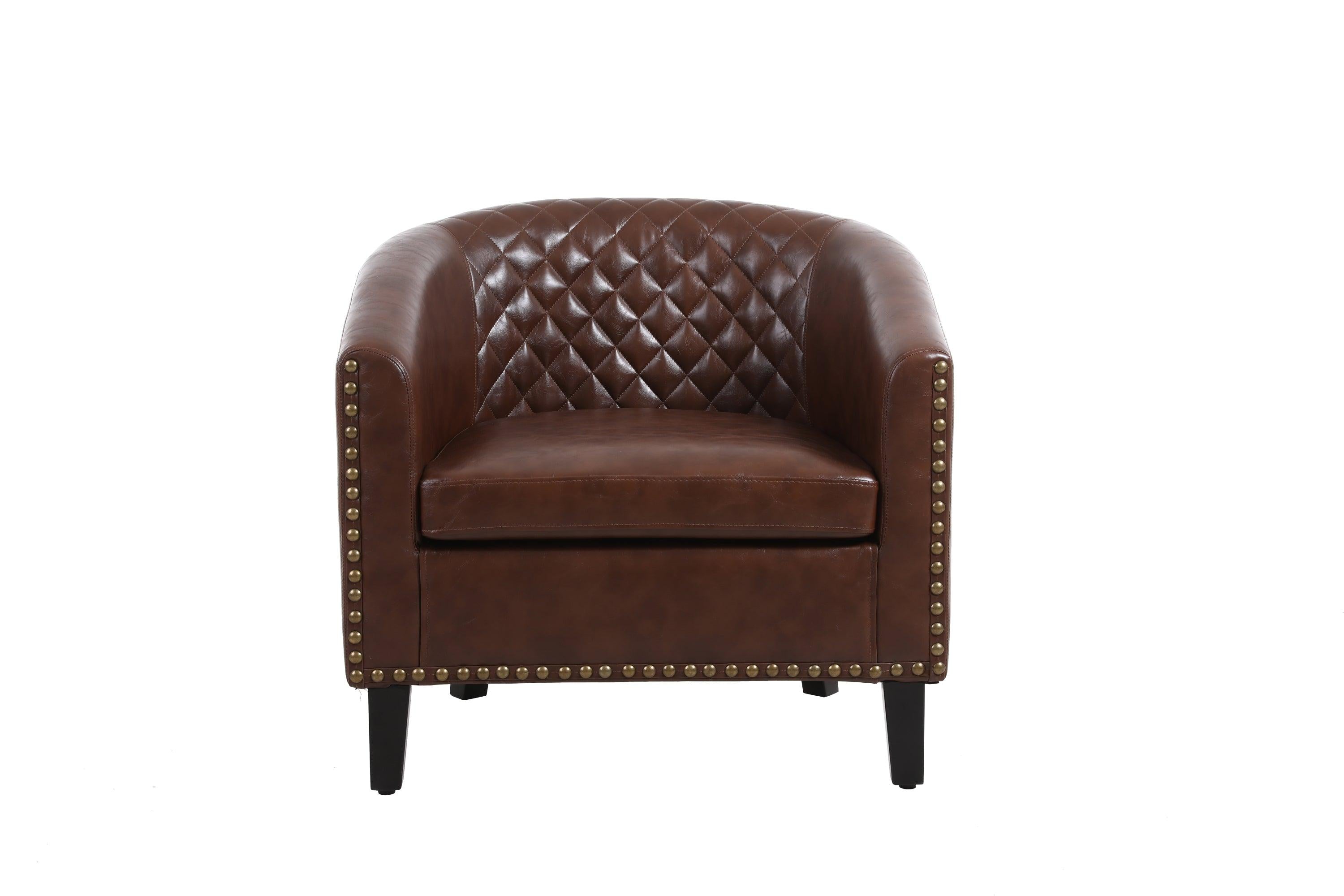 accent Barrel chair living room chair with nailheads and solid wood legs  Brown pu leather