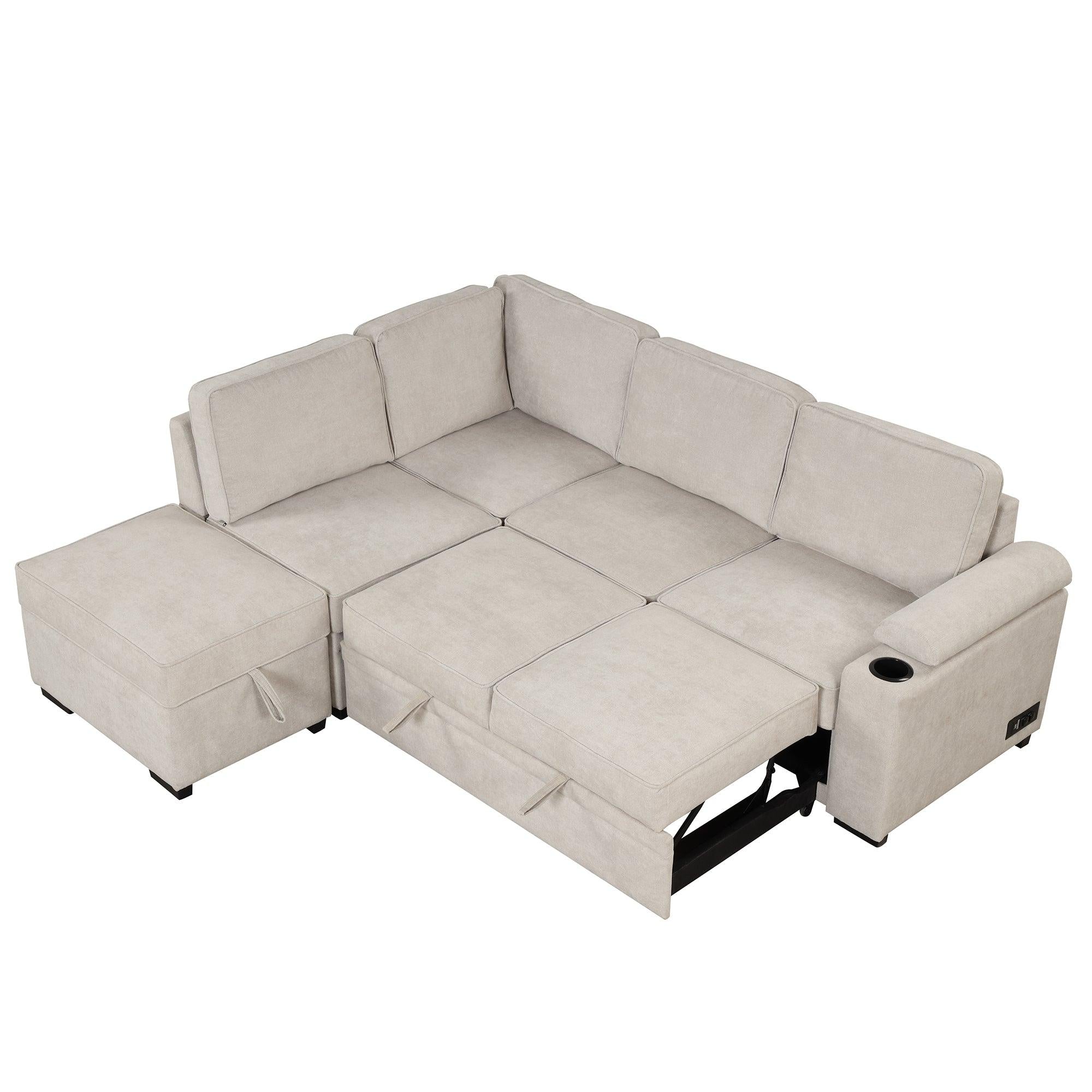 87.4" Sleeper Sofa Bed,2 in 1 Pull Out sofa bed L Shape Couch withStorage Ottoman for Living Room,Bedroom Couch and Small Apartment，Beige