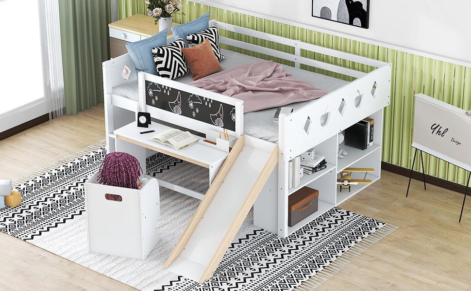 Wood Full Size Loft Bed with Slide, 4 Cabinets, Blackboard, Desk and Chair, White