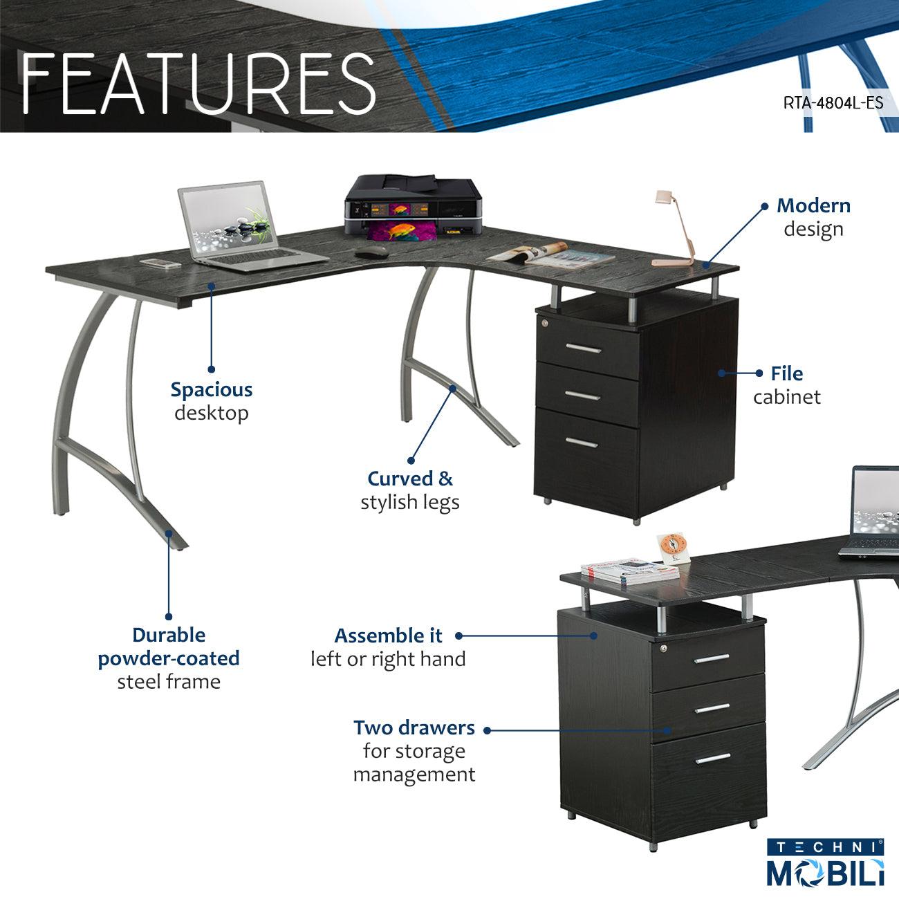 Techni MobiliModern L- Shaped Computer Desk with File Cabinet andStorage, Espresso