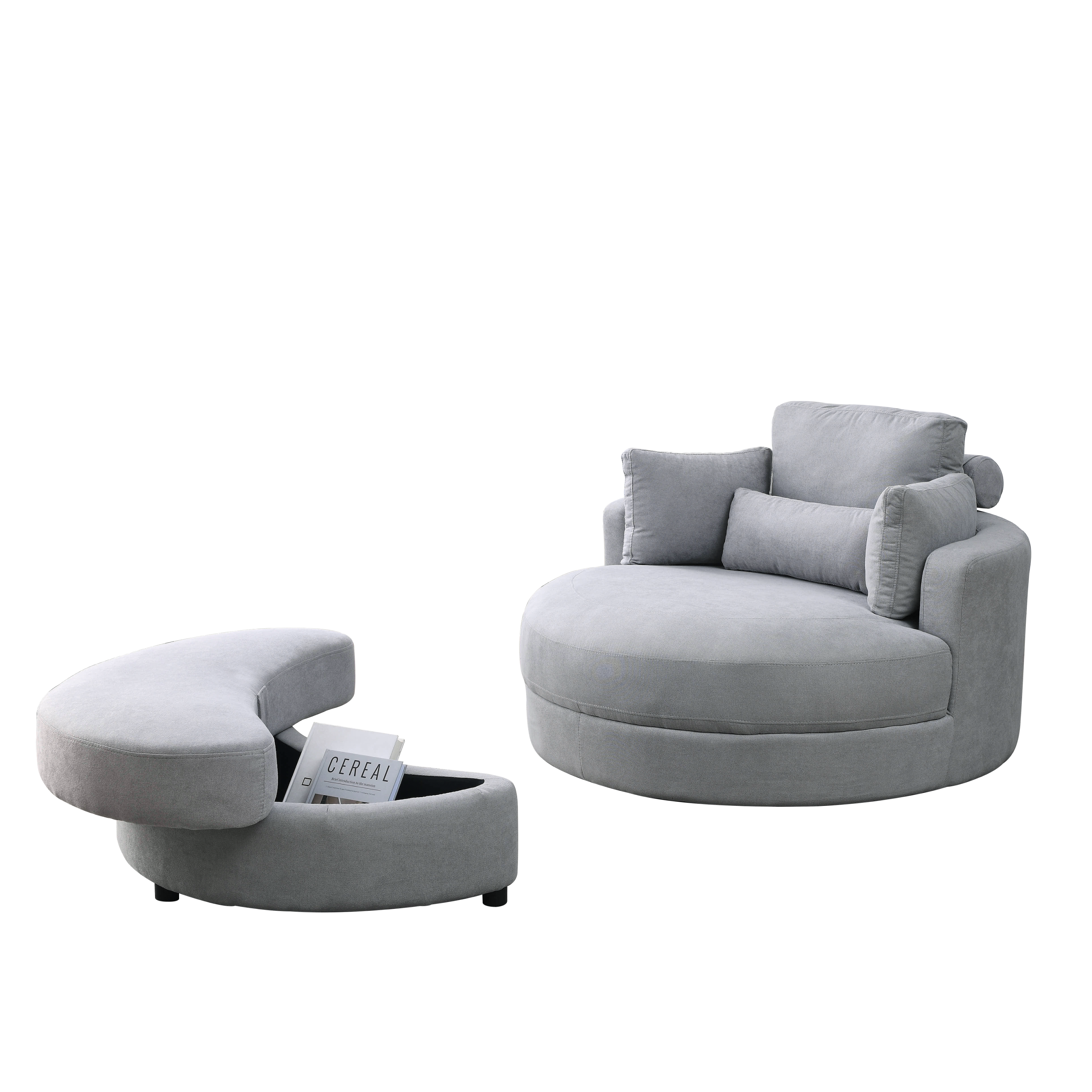 Swivel Accent BarrelModern Grey Sofa Lounge Club Big Round Chair withStorage Ottoman Linen Fabric for Living Room Hotel with Pillows