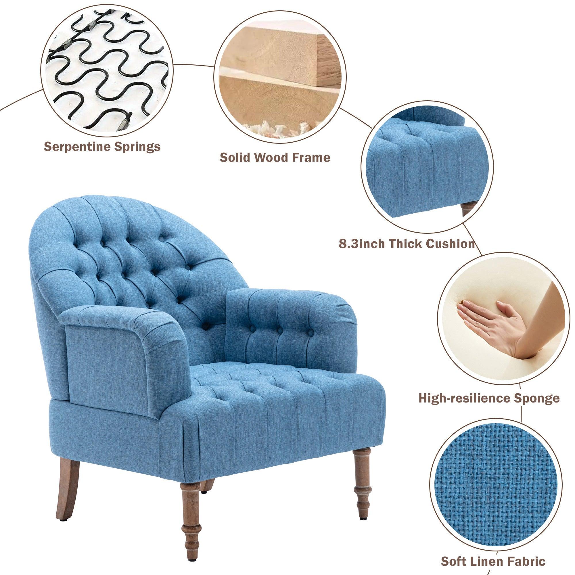 Accent Chair,Button-Tufted Upholstered Chair Set ,Mid CenturyModern Chair with Linen Fabric and Ottoman for Living Room Bedroom Office Lounge,Blue