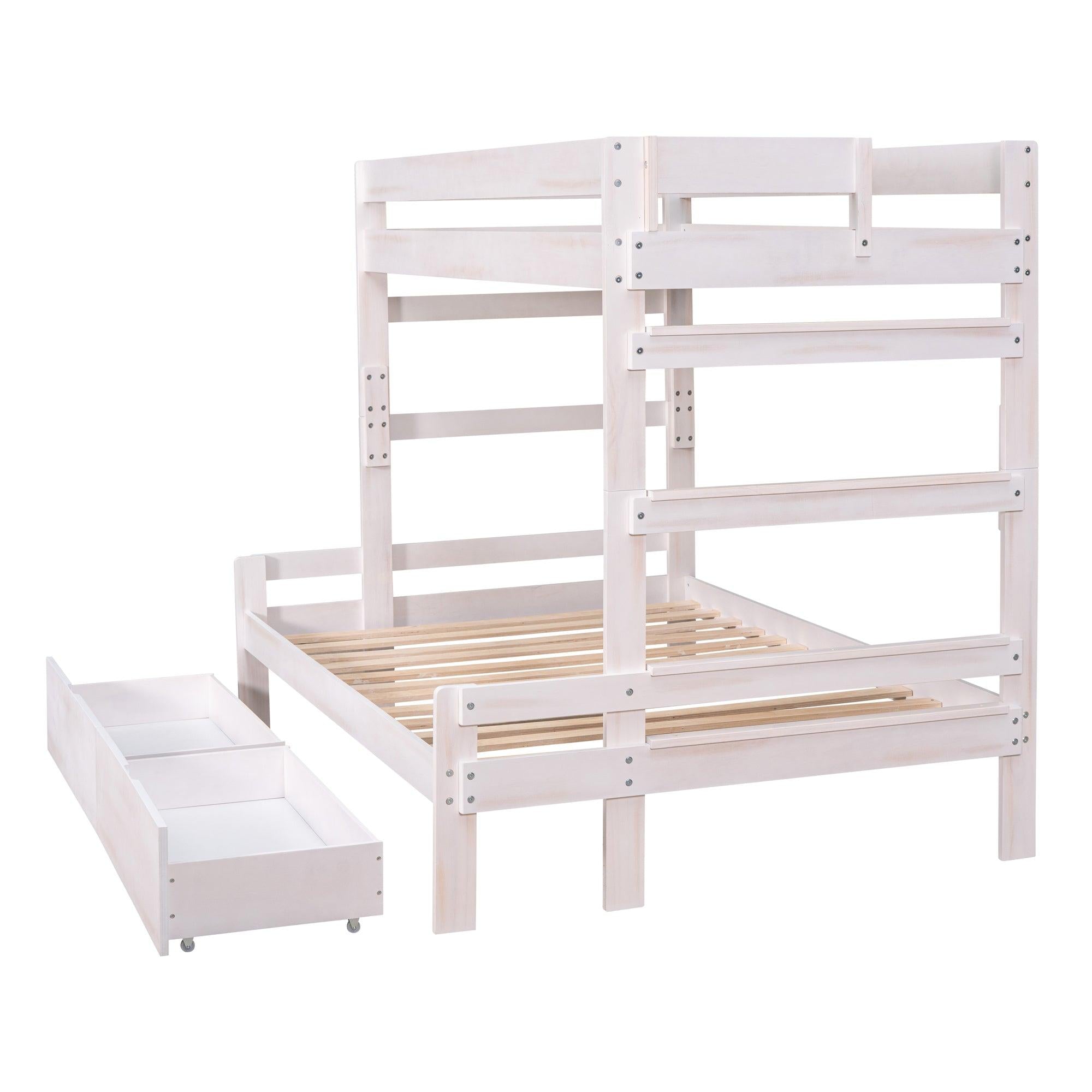 Twin over Full Wood Bunk Bed with 2 Drawers, White