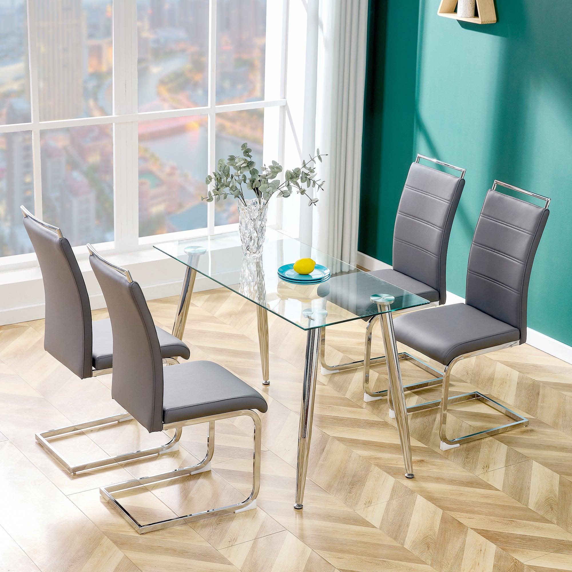 Glass Dining Table, Dining Chair set, 4 Grey  Dining Chairs and 1 Dining Table .Table Size 51" W x 31"D x 30" H