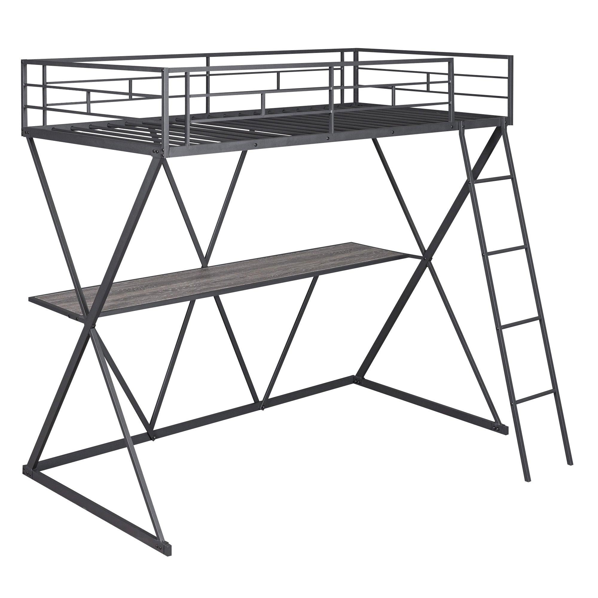 Twin Size Loft Bed with Desk, Ladder and Full-Length Guardrails, X-Shaped Frame, Black+B70608