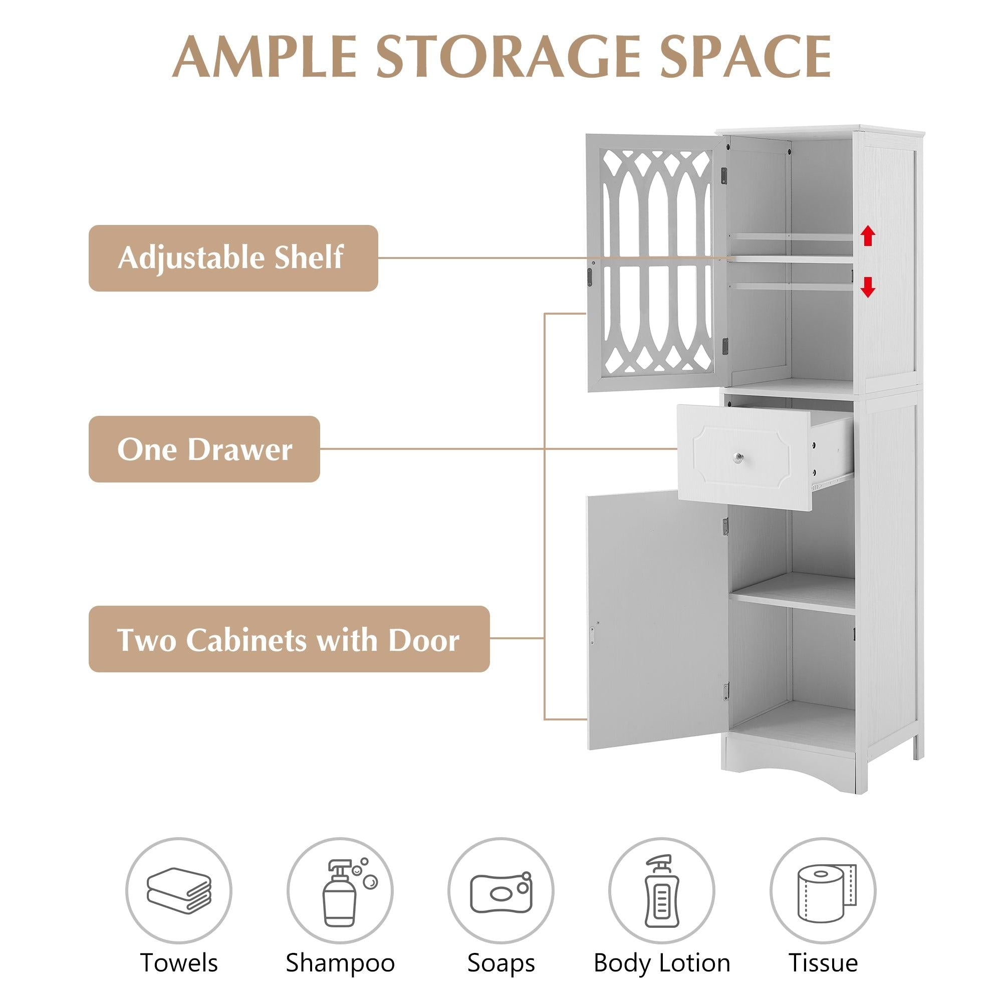 Tall Bathroom Cabinet, FreestandingStorage Cabinet with Drawer and Doors, MDF Board, Acrylic Door, Adjustable Shelf, White