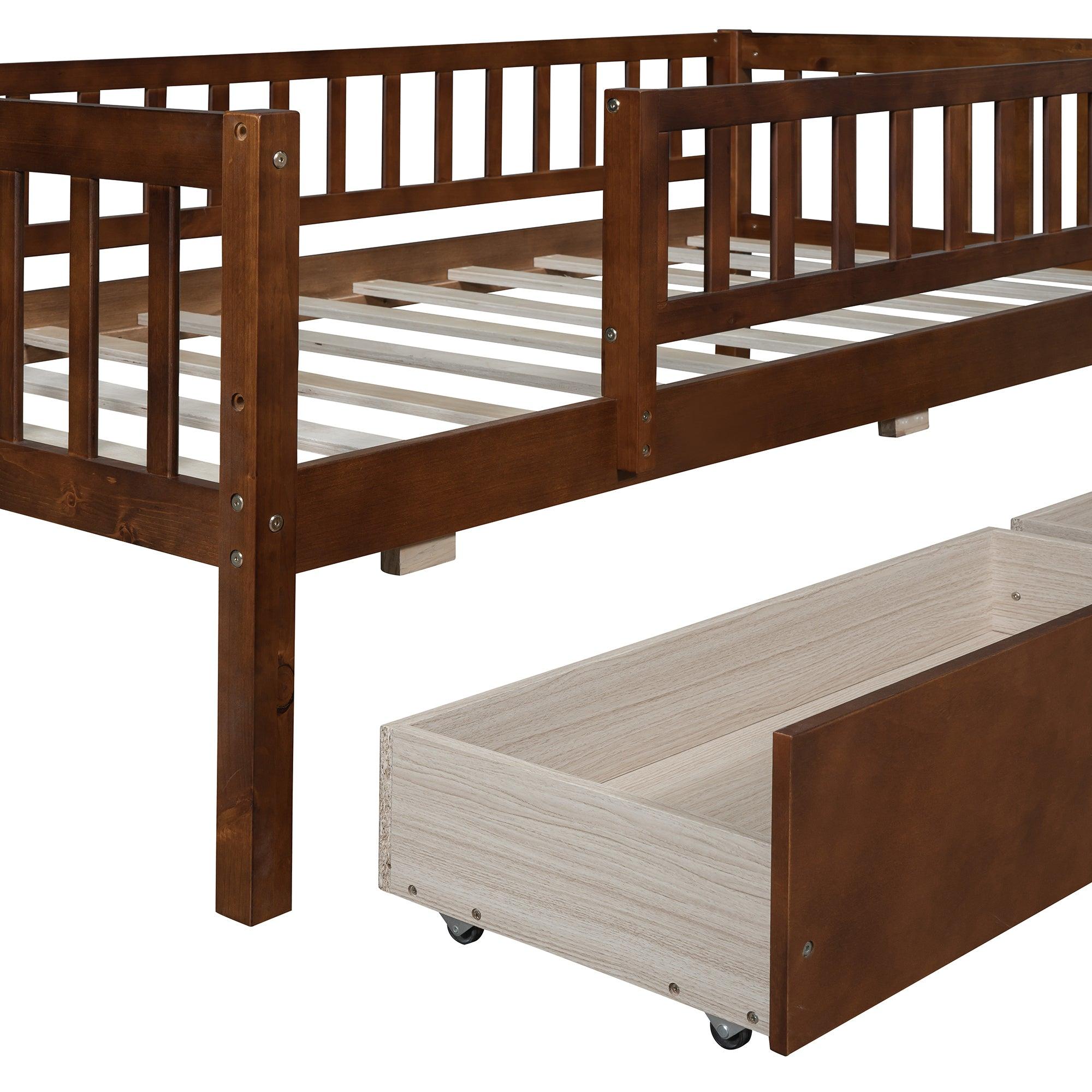 Twin Size Daybed Wood Bed with Two Drawers, Walnut