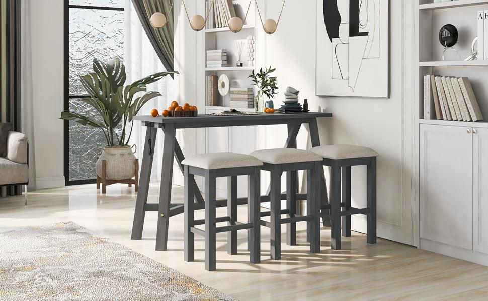 Multipurpose Home Kitchen Dining Bar Table Set with 3 Upholstered Stools(Gray)