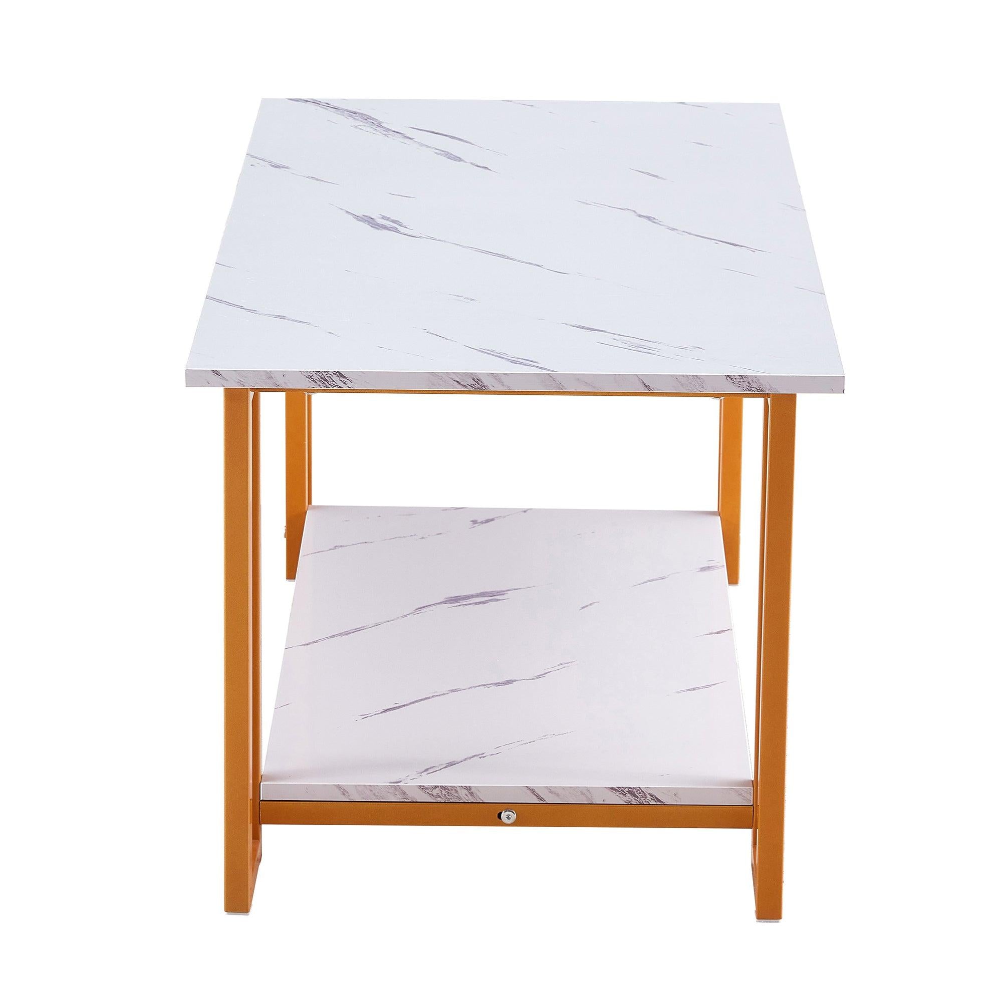 Coffee Table, 2 Layers 1.5cm Thick Marble MDF Rectangle 39.37" L Tabletop Iron Coffee Table , Dining Room, Coffee Shop, Resterant, White Top, ld Leg