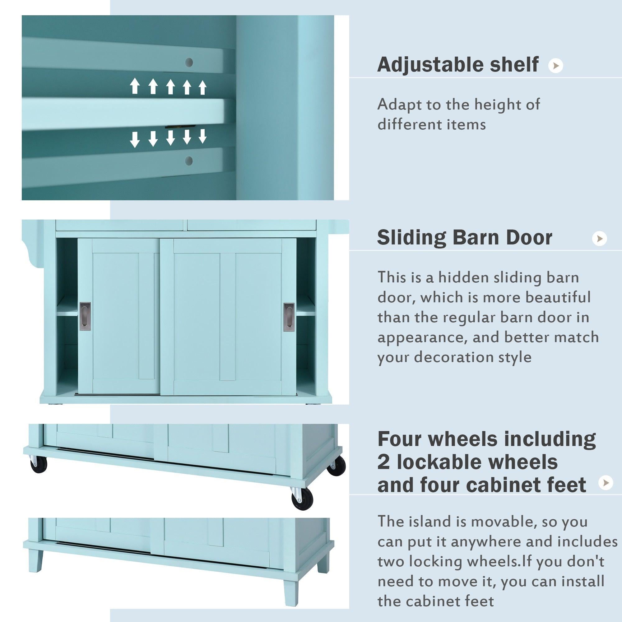 Kitchen Cart with Rubber wood Drop-Leaf Countertop, Concealed sliding barn door adjustable height,Kitchen Island on 4 Wheels withStorage Cabinet and 2 Drawers,L52.2xW30.5xH36.6 inch, Mint Green