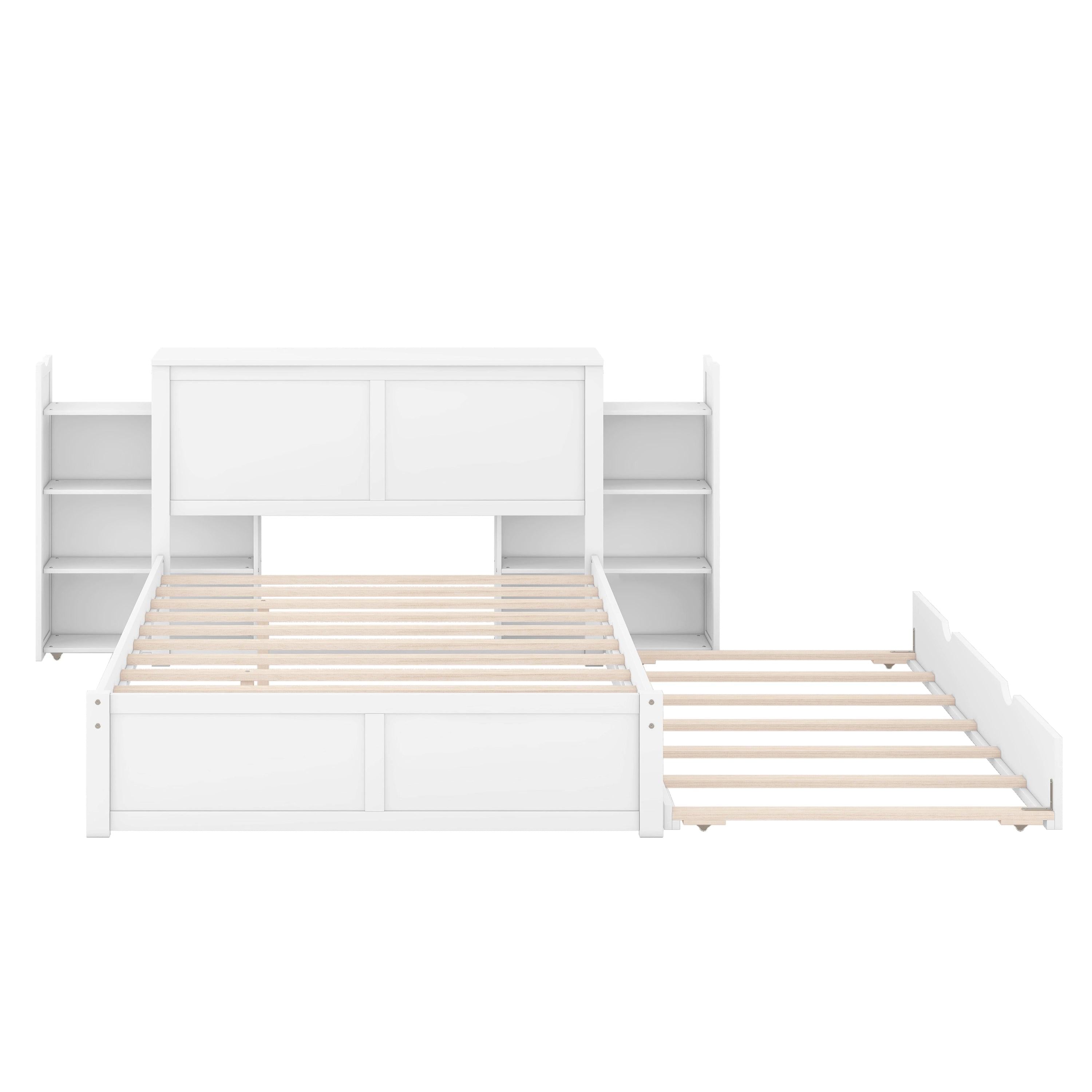 Full SizeStorage Platform Bed with Pull Out Shelves and Twin Size Trundle, White