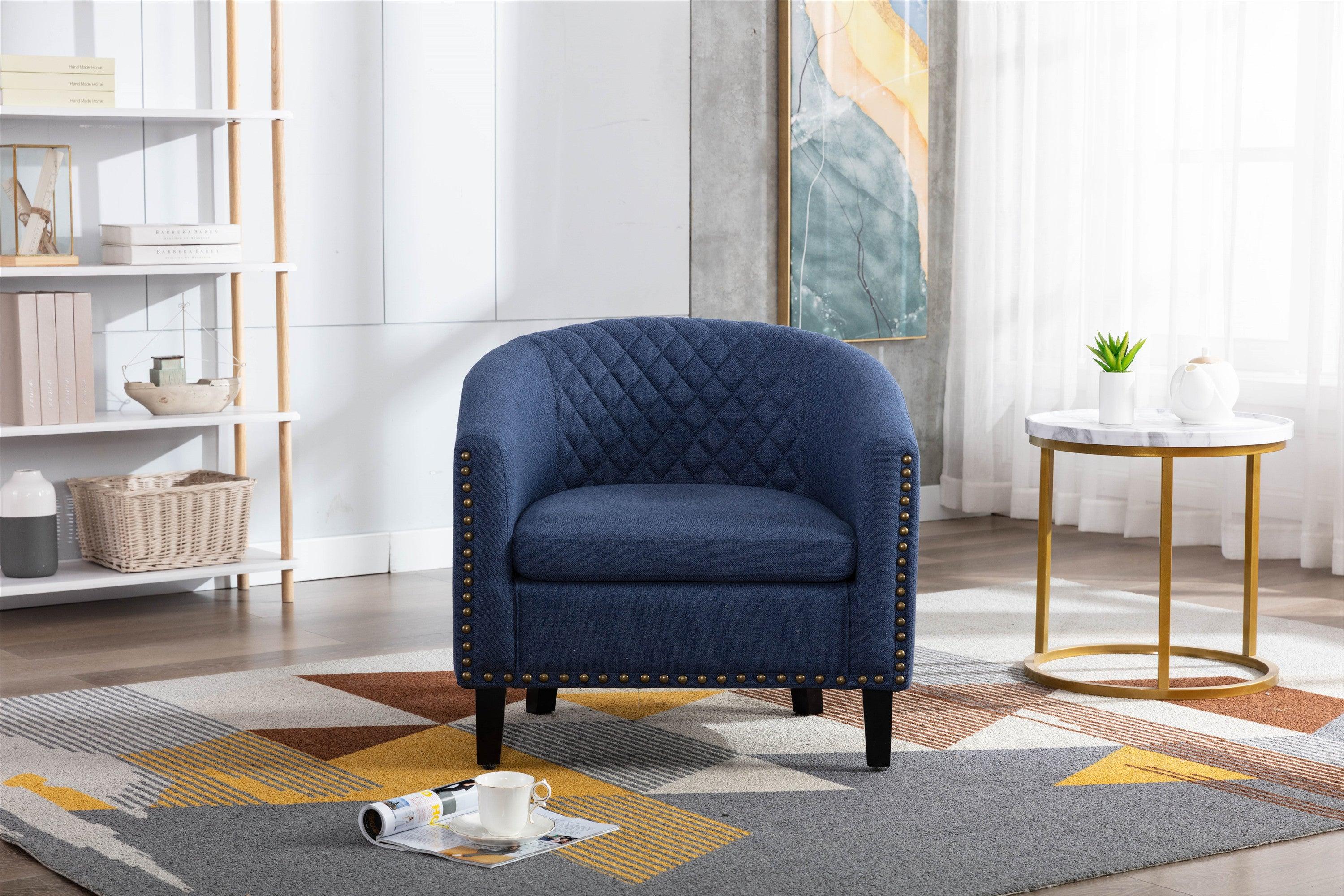 accent Barrel chair living room chair with nailheads and solid wood legs  Black  Navy  Linen