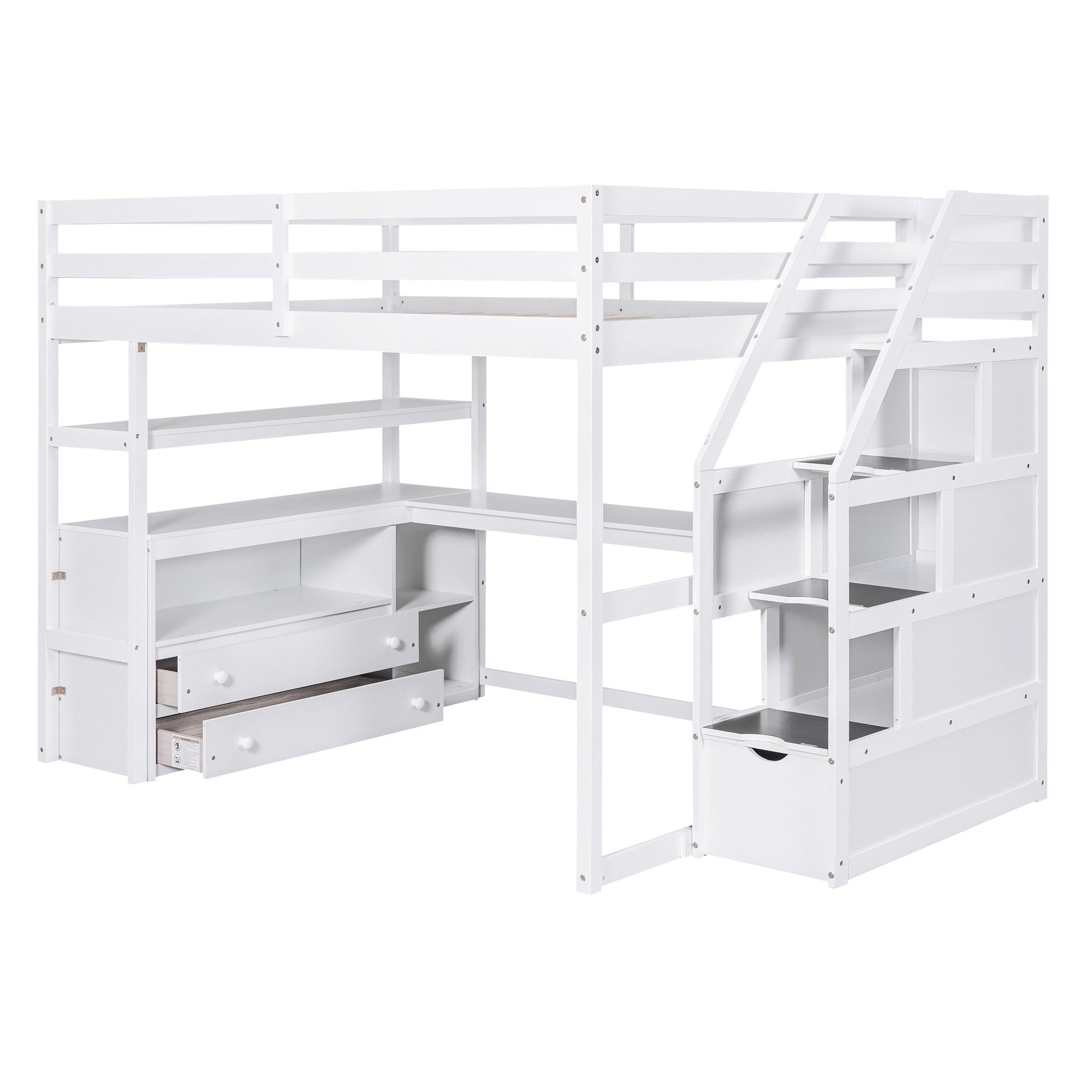 Full Size Loft Bed with Desk and Shelves, Two Built-in Drawers,Storage Staircase, White