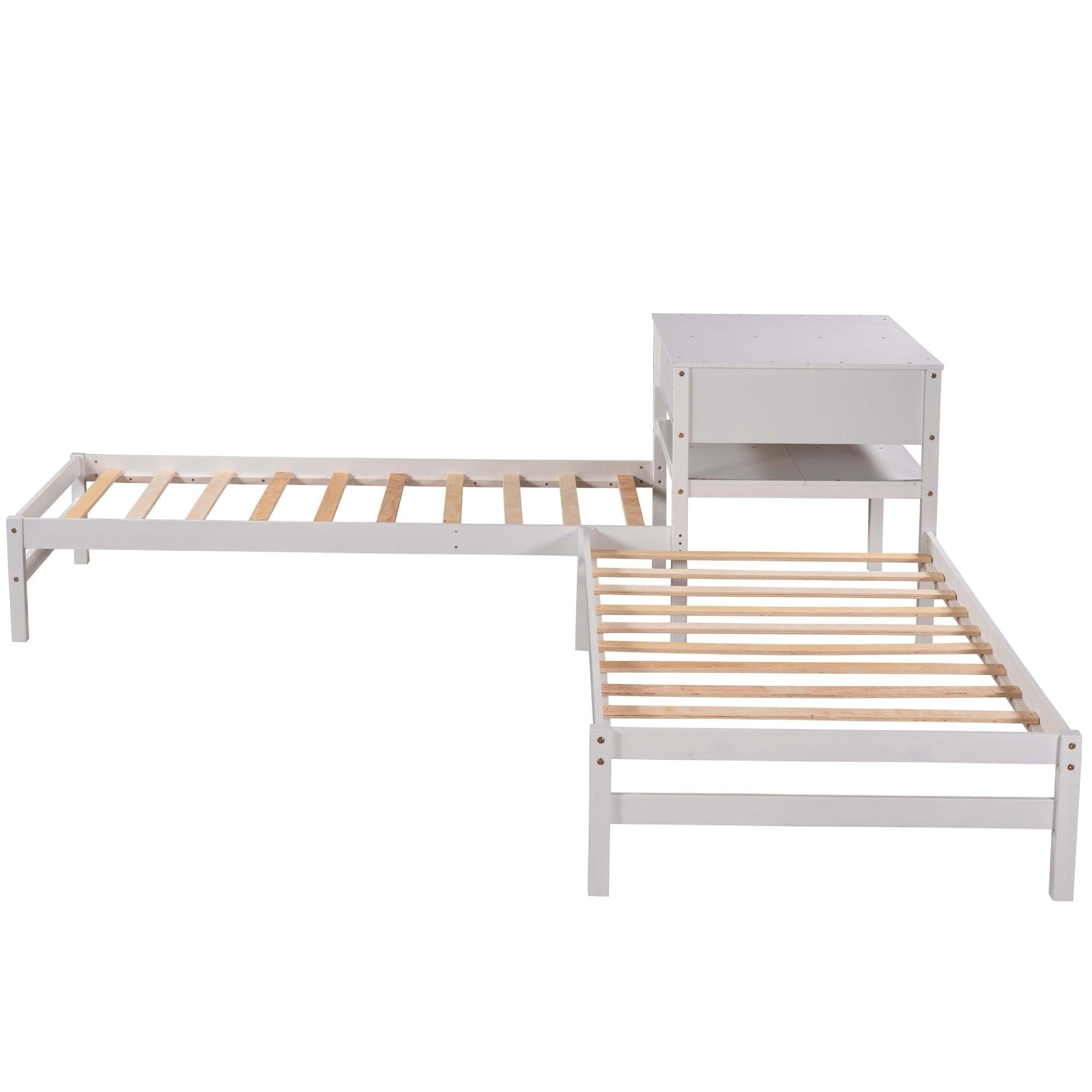 Twin Size L-Shaped Platform Beds with Drawer Linked with Built-in Rectangle Table,White