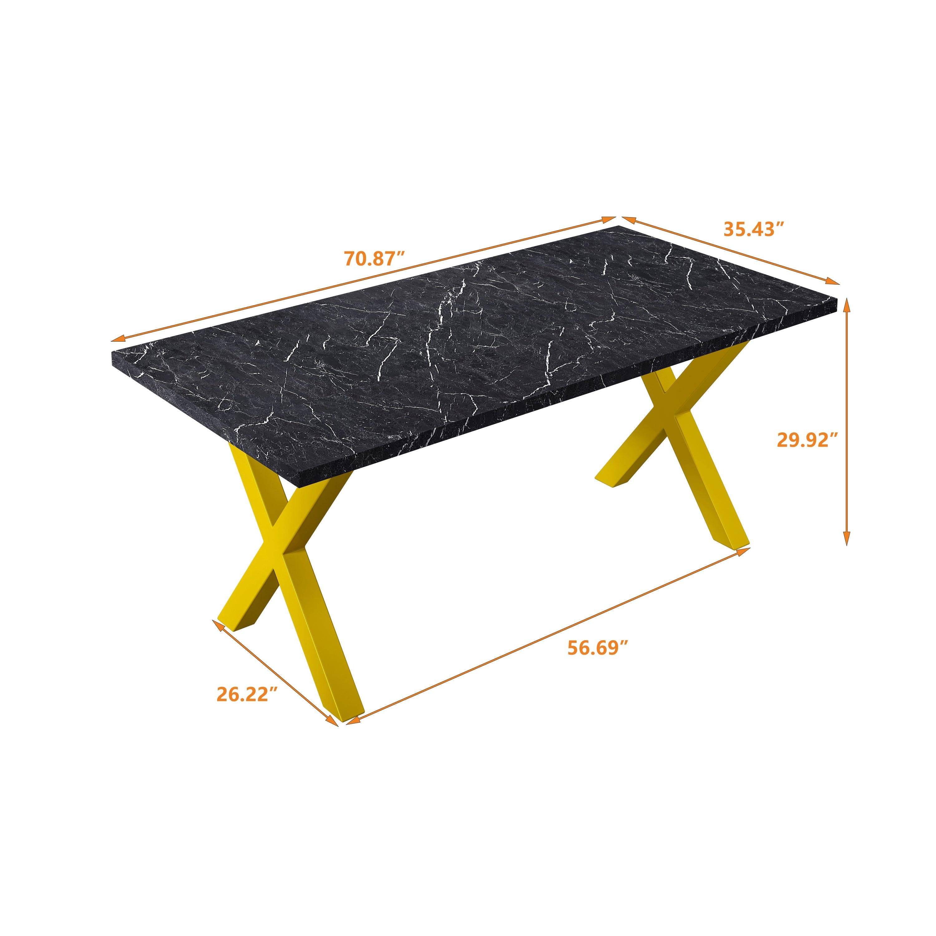 70.87"Modern Square Dining Table with Printed Black Marble Table Top+Gold X-Shape Table Leg