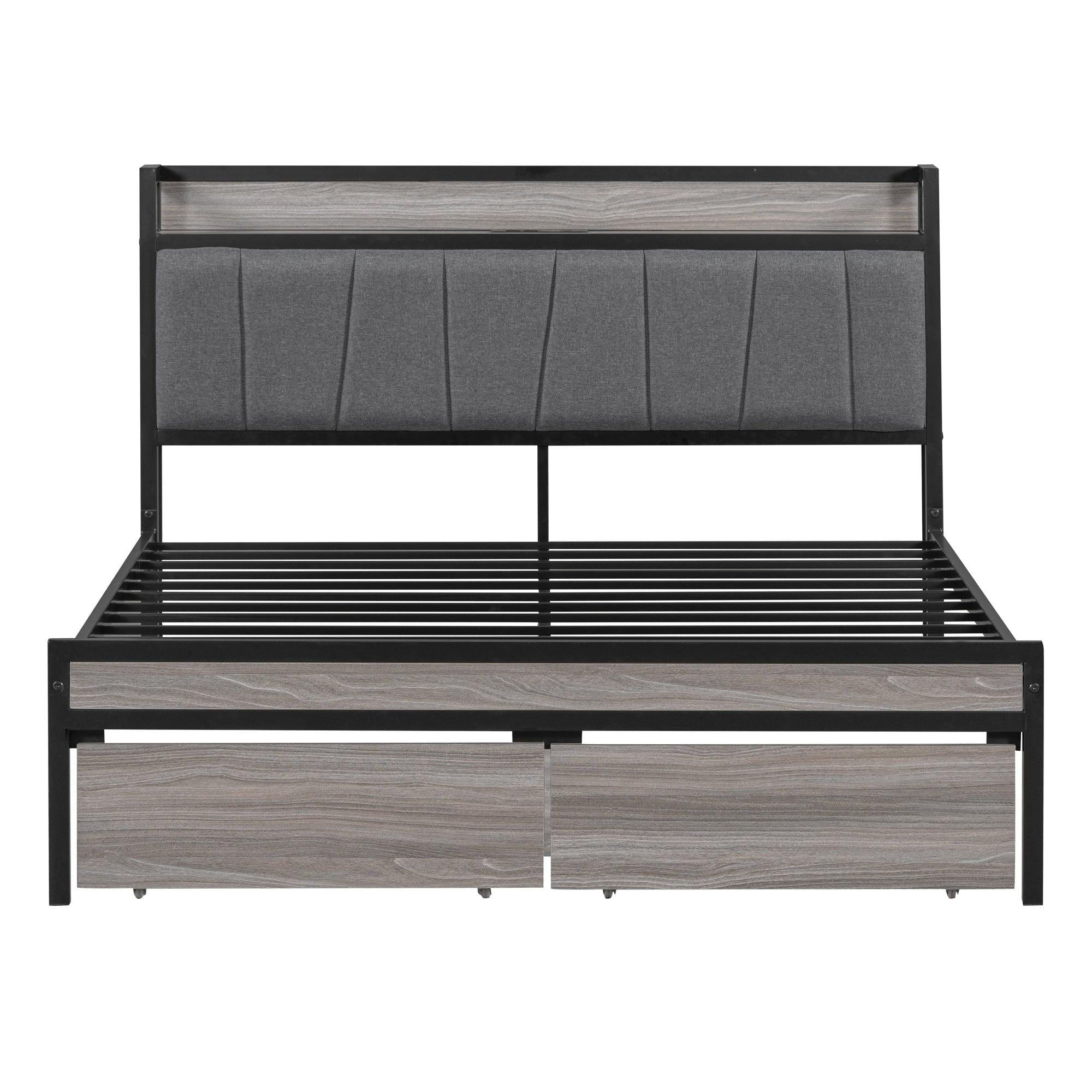 Full Size Metal Platform Bed Frame with 2 drawers, Upholstered headboard ，Sockets, USB Ports and Slat Support ,No Box Spring Needed，Black